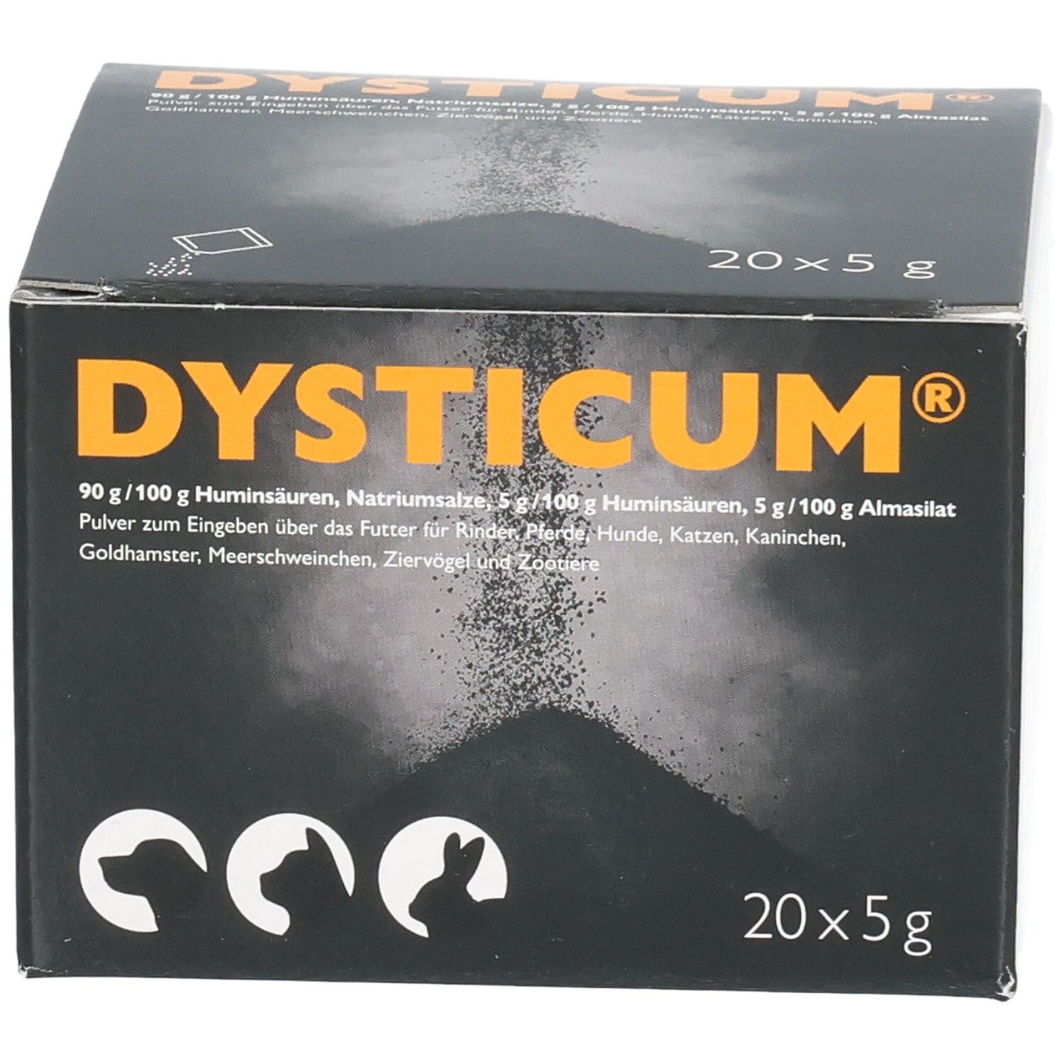 Schwarze Schachtel mit DYSTICUM-Logo und Produktinformationen. Enthält 20 Beutel à 5g. Abbildung von Tiersilhouetten.