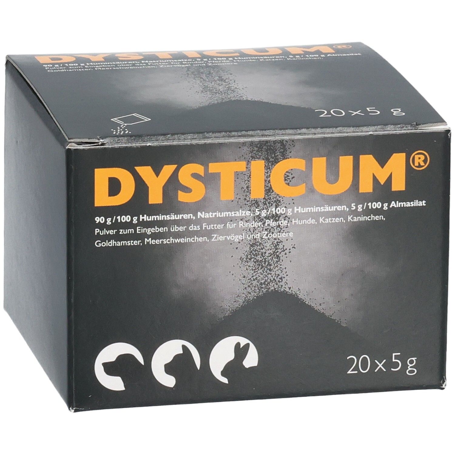 Schwarze Schachtel mit DYSTICUM-Logo und Produktinformationen. Enthält 20 Beutel à 5g. Abbildung von Tiersilhouetten.