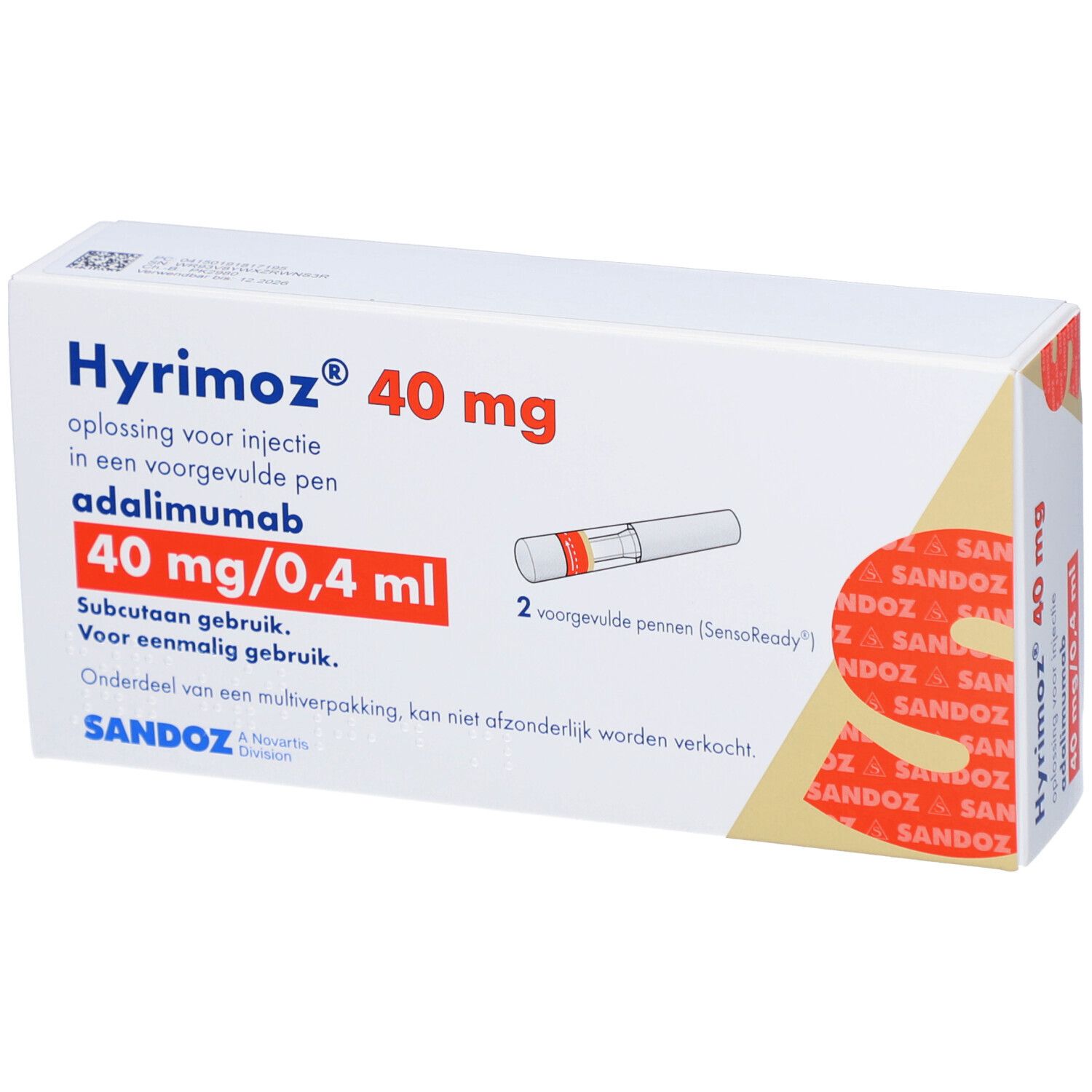 Verpackung von HYRIMOZ 40 mg/0,4 ml Inj.-Lösung im Fertigpen. Enthält 2 Fertigpens. Sandoz-Logo.