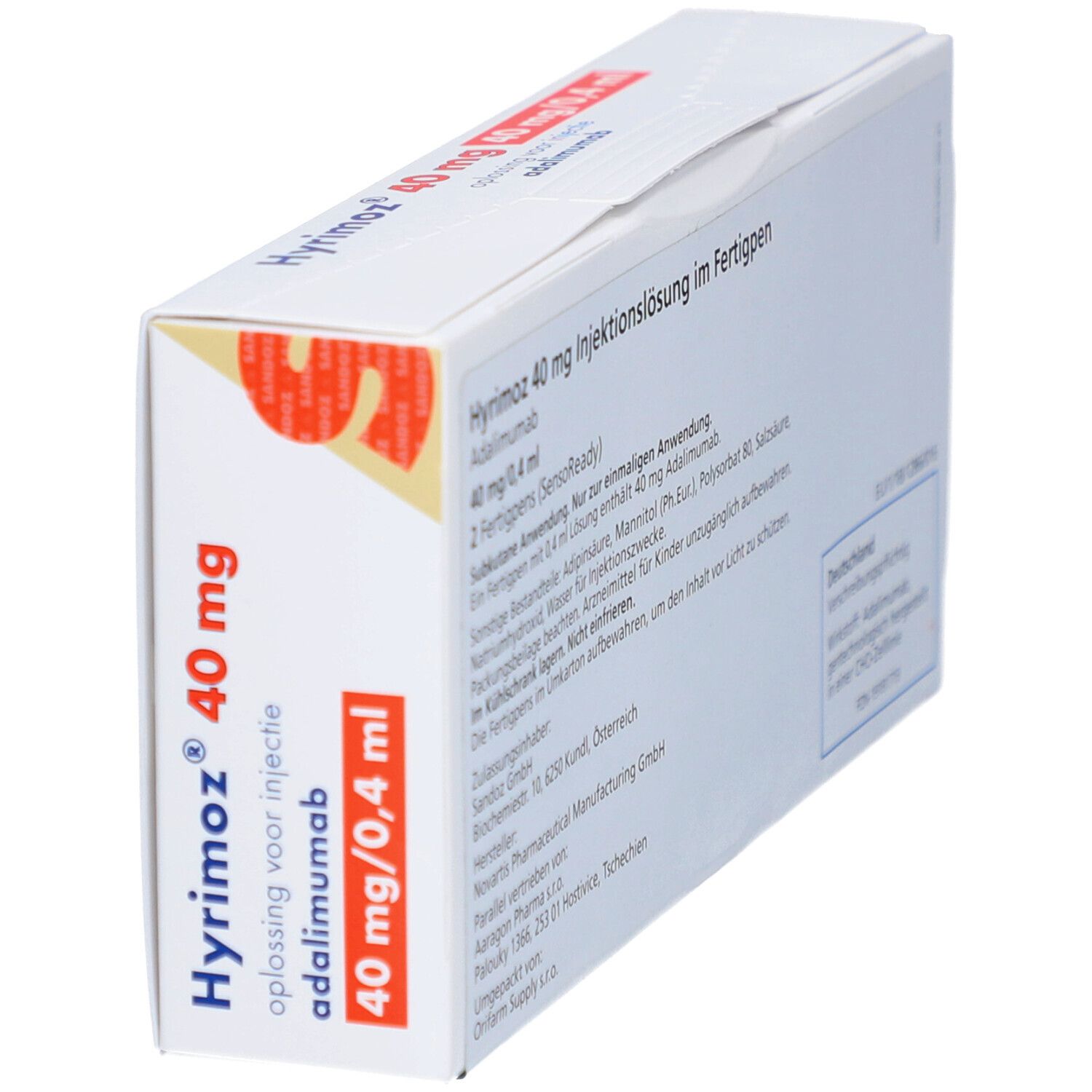 Schrägansicht der Verpackung von HYRIMOZ 40 mg/0,4 ml Inj.-Lösung im Fertigpen. Textinformationen.