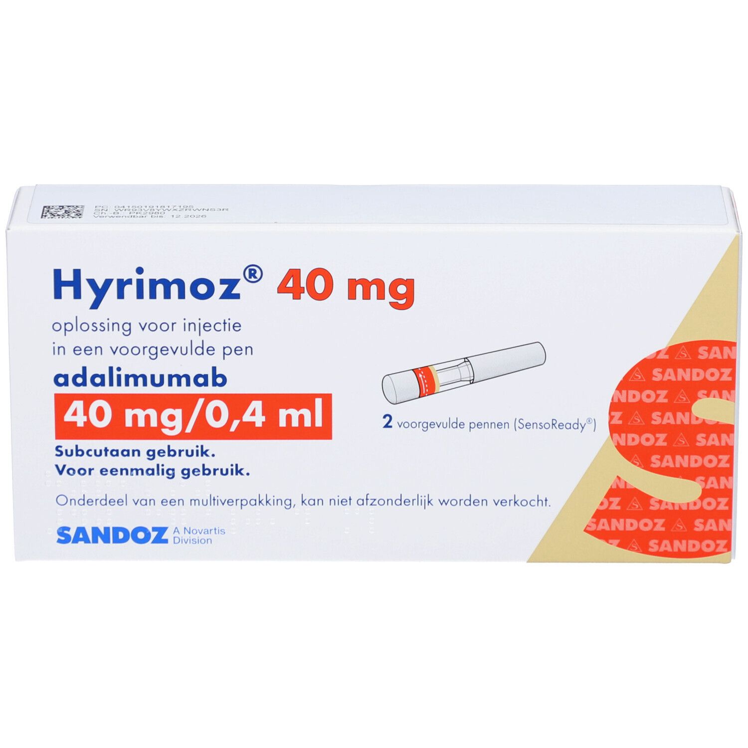 Verpackung von HYRIMOZ 40 mg/0,4 ml Inj.-Lösung im Fertigpen. Enthält 2 Fertigpens. Sandoz-Logo.