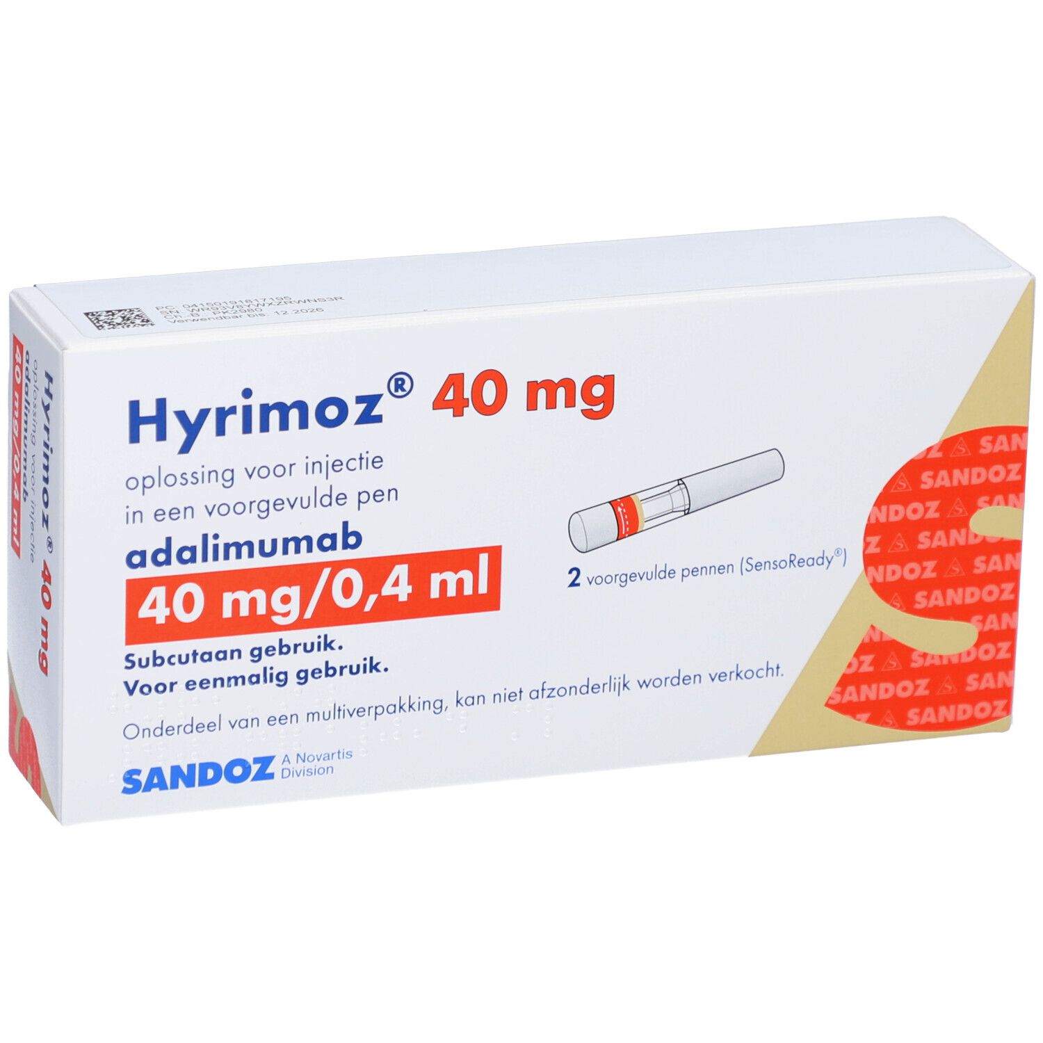 Verpackung von HYRIMOZ 40 mg/0,4 ml Inj.-Lösung im Fertigpen. Enthält 2 Fertigpens. Sandoz-Logo.