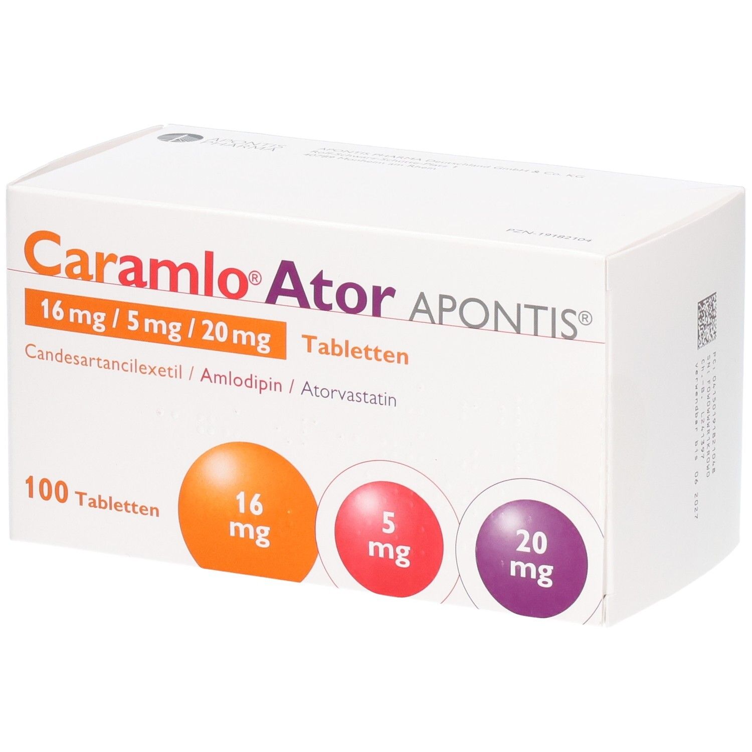 Packung CARAMLO Ator APONTIS Tabletten, 100 Stück. Enthält 16 mg, 5 mg und 20 mg Wirkstoffe.