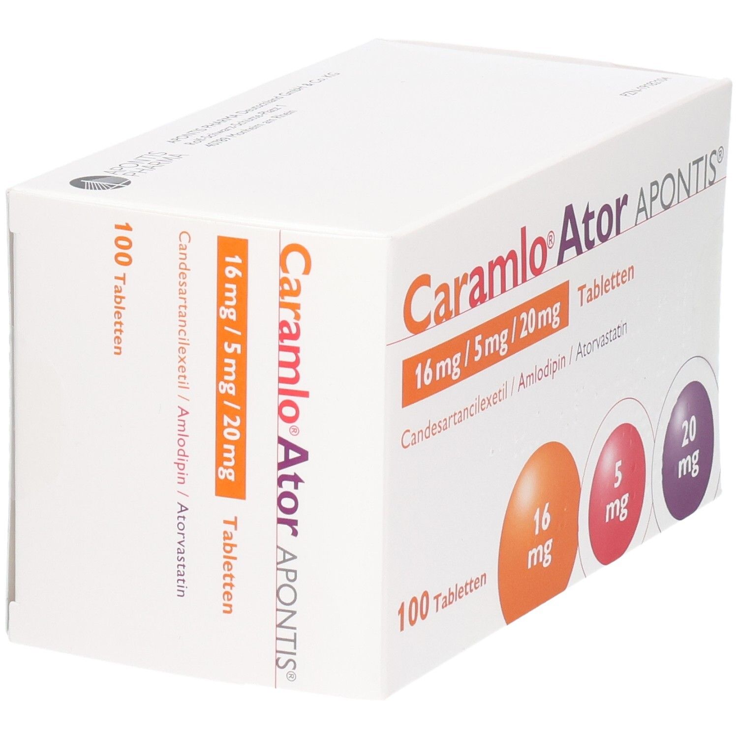 Packung CARAMLO Ator APONTIS Tabletten, 100 Stück. Enthält 16 mg, 5 mg und 20 mg Wirkstoffe.