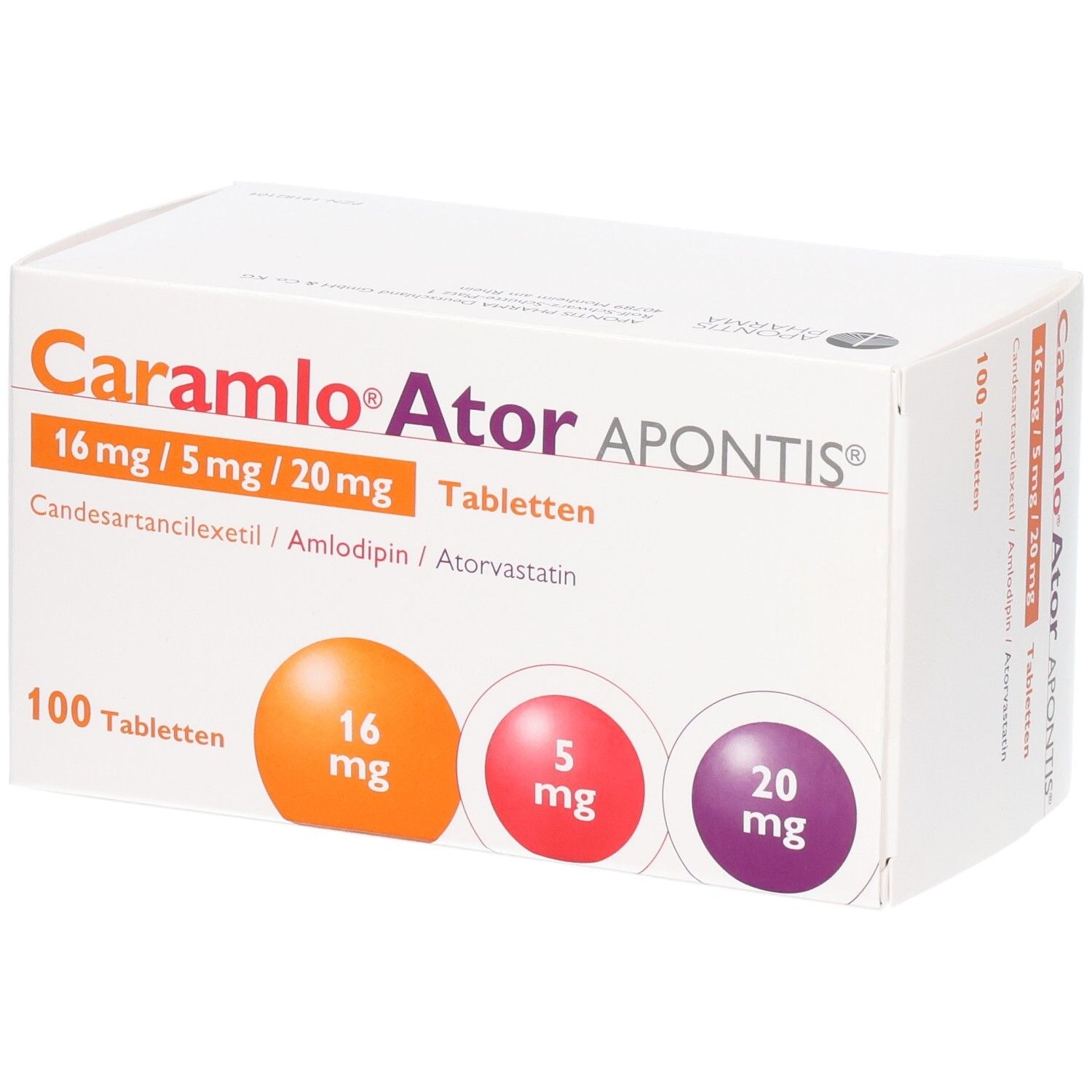 Packung CARAMLO Ator APONTIS Tabletten, 100 Stück. Enthält 16 mg, 5 mg und 20 mg Wirkstoffe.