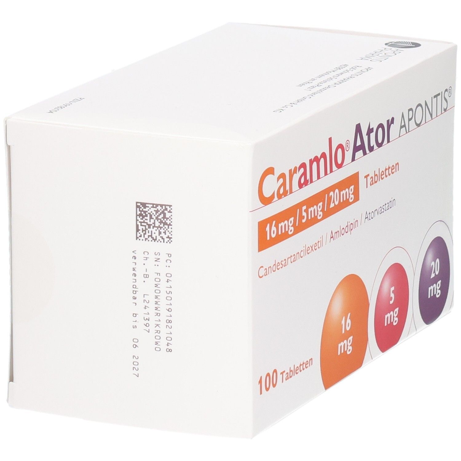 Packung CARAMLO Ator APONTIS Tabletten, 100 Stück. Enthält 16 mg, 5 mg und 20 mg Wirkstoffe.