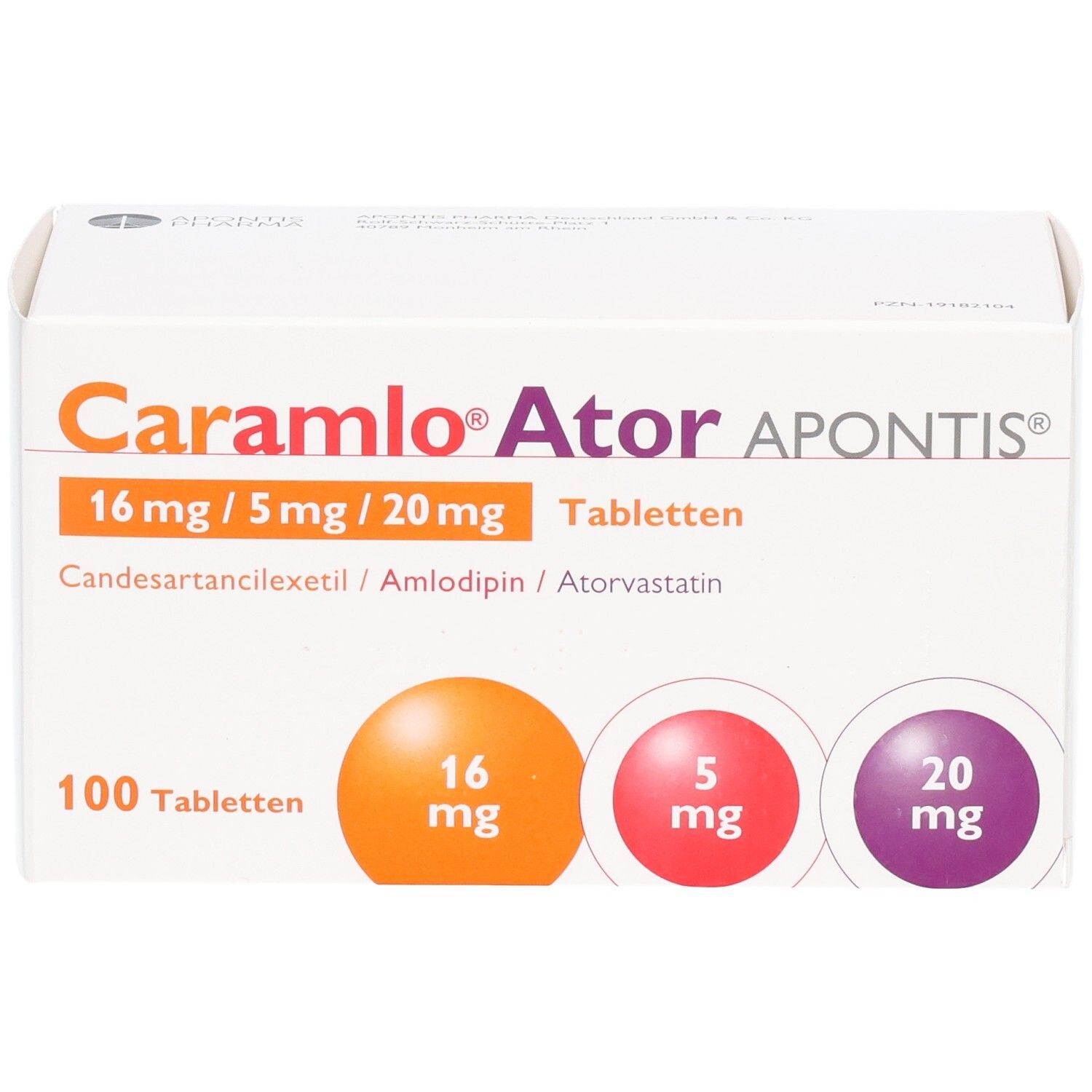 Packung CARAMLO Ator APONTIS Tabletten, 100 Stück. Enthält 16 mg, 5 mg und 20 mg Wirkstoffe.