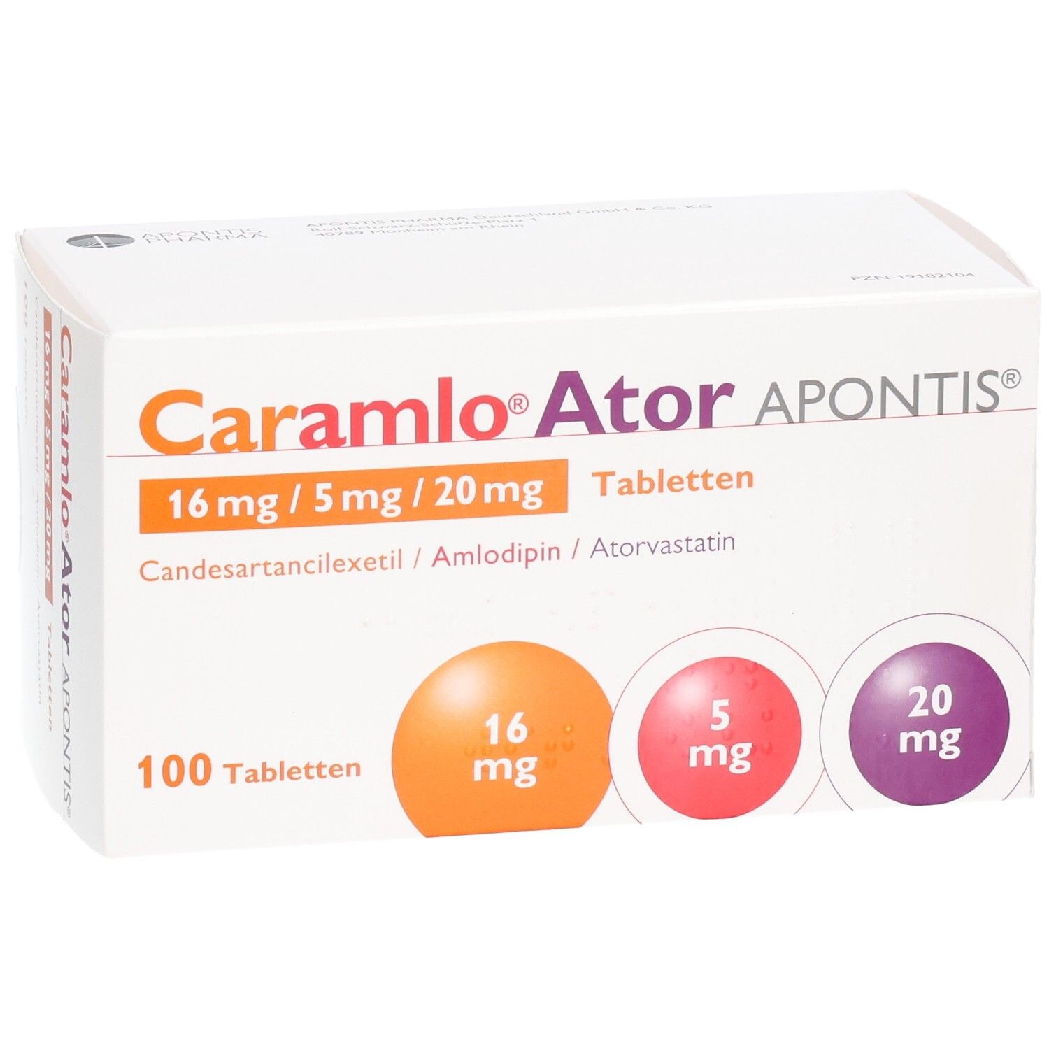 Packung CARAMLO Ator APONTIS Tabletten, 100 Stück. Enthält 16 mg, 5 mg und 20 mg Wirkstoffe.