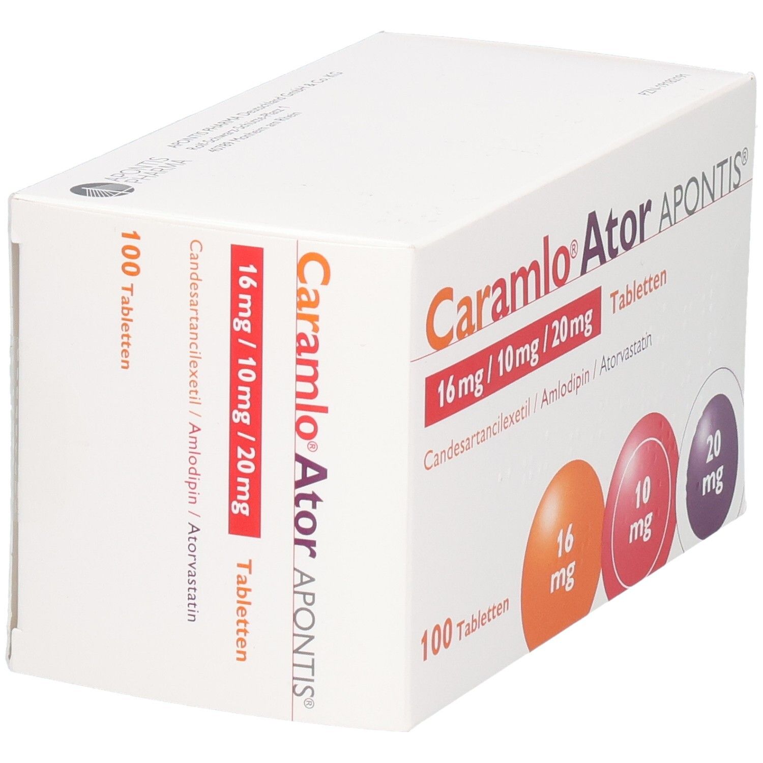 Weißer Karton mit Aufschrift Caramlo Ator APONTIS. Dosierungen 16 mg, 10 mg, 20 mg. 100 Tabletten. Schräge Ansicht der Verpackung.