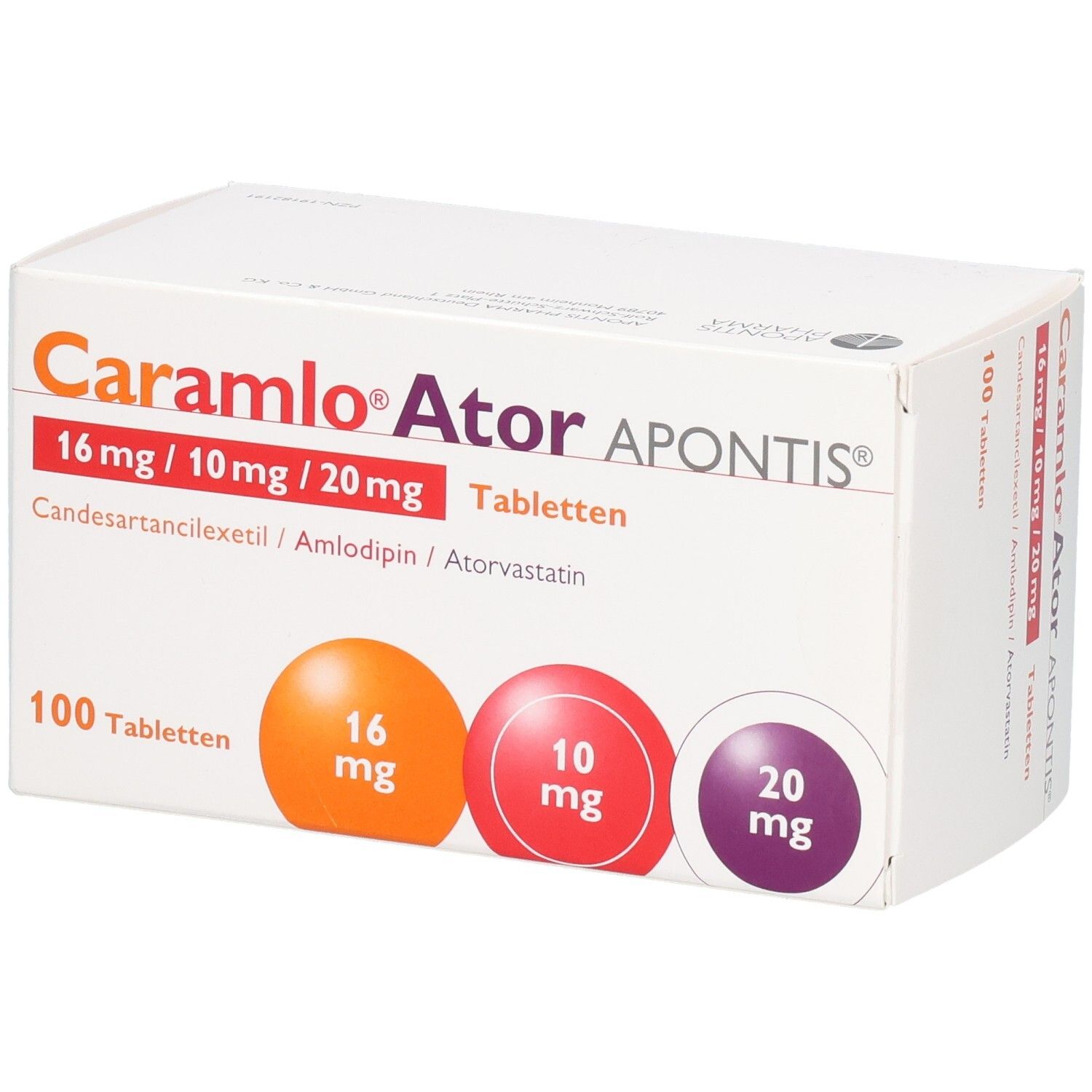 Weißer Karton mit Aufschrift Caramlo Ator APONTIS. Dosierungen 16 mg, 10 mg, 20 mg. 100 Tabletten. Runde farbige Darstellungen der Dosierungen.