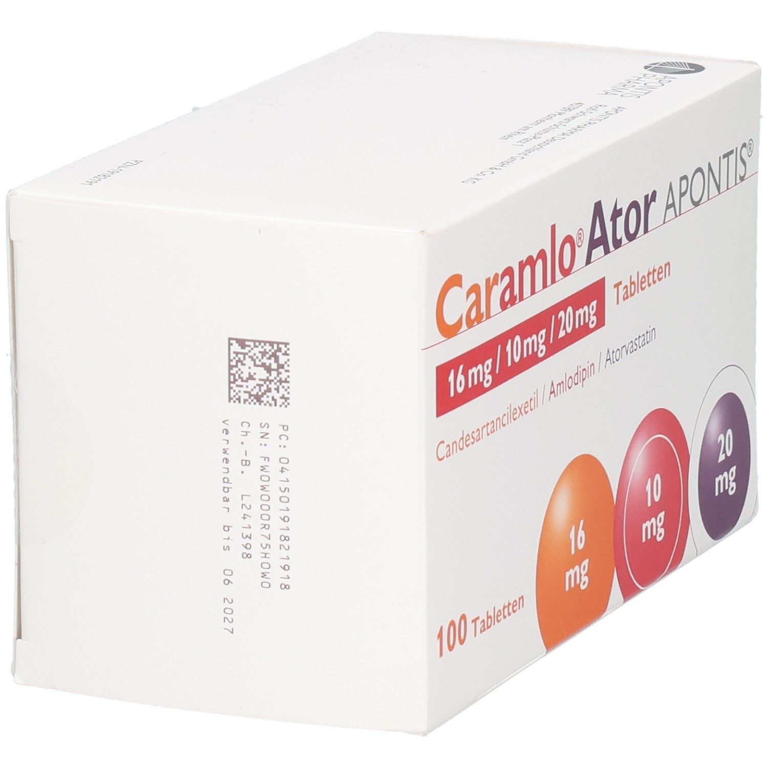 Weißer Karton mit Aufschrift Caramlo Ator APONTIS. Dosierungen 16 mg, 10 mg, 20 mg. 100 Tabletten. Rückseite mit Barcode und Daten.