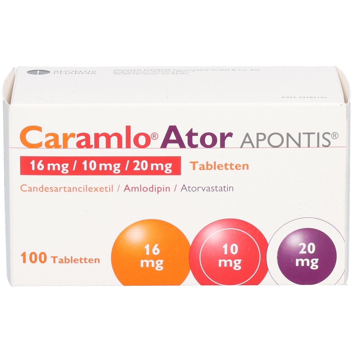 Weißer Karton mit Aufschrift Caramlo Ator APONTIS. Dosierungen 16 mg, 10 mg, 20 mg. 100 Tabletten. Runde farbige Darstellungen der Dosierungen.