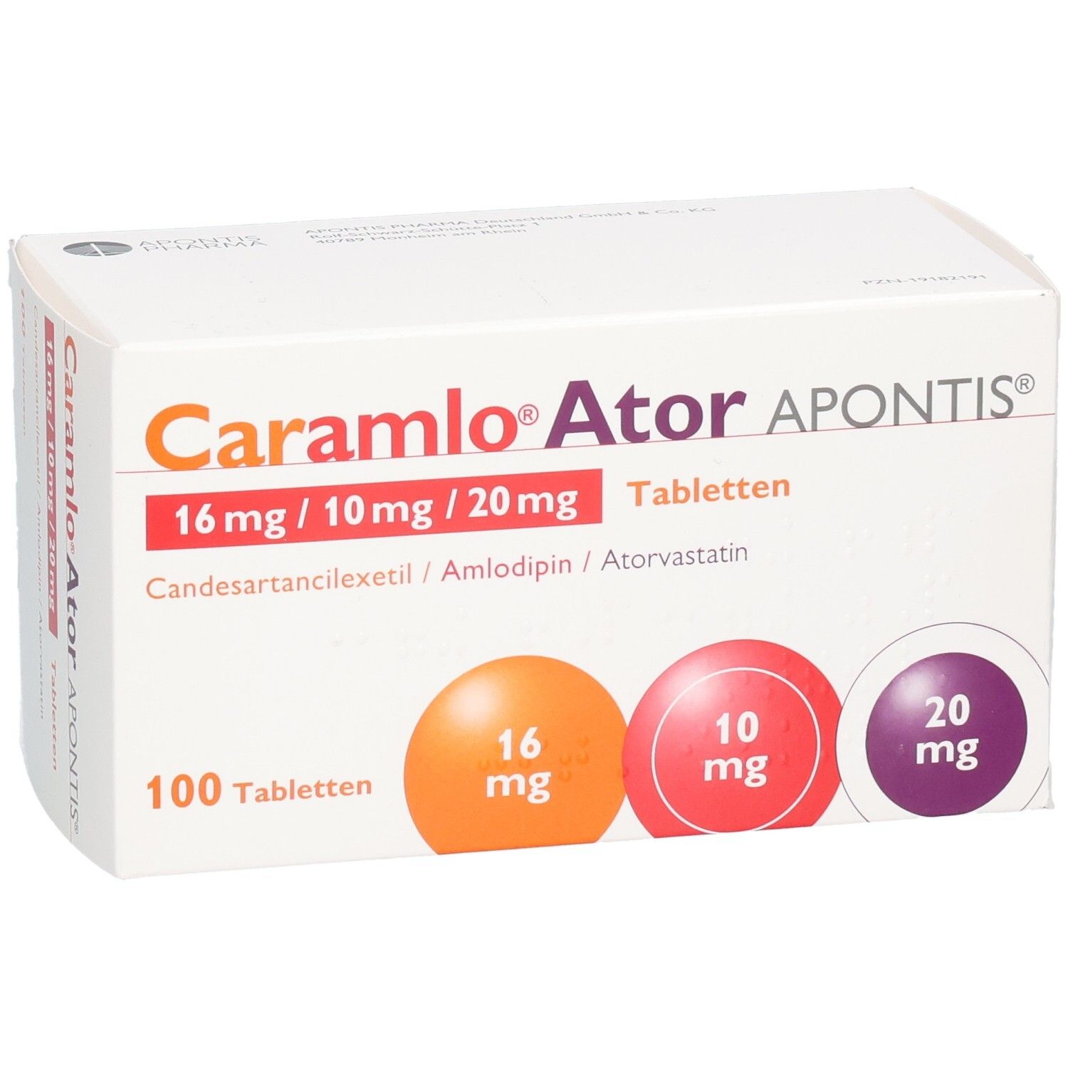 Weißer Karton mit Aufschrift Caramlo Ator APONTIS. Dosierungen 16 mg, 10 mg, 20 mg. 100 Tabletten. Schräge Ansicht der Verpackung.