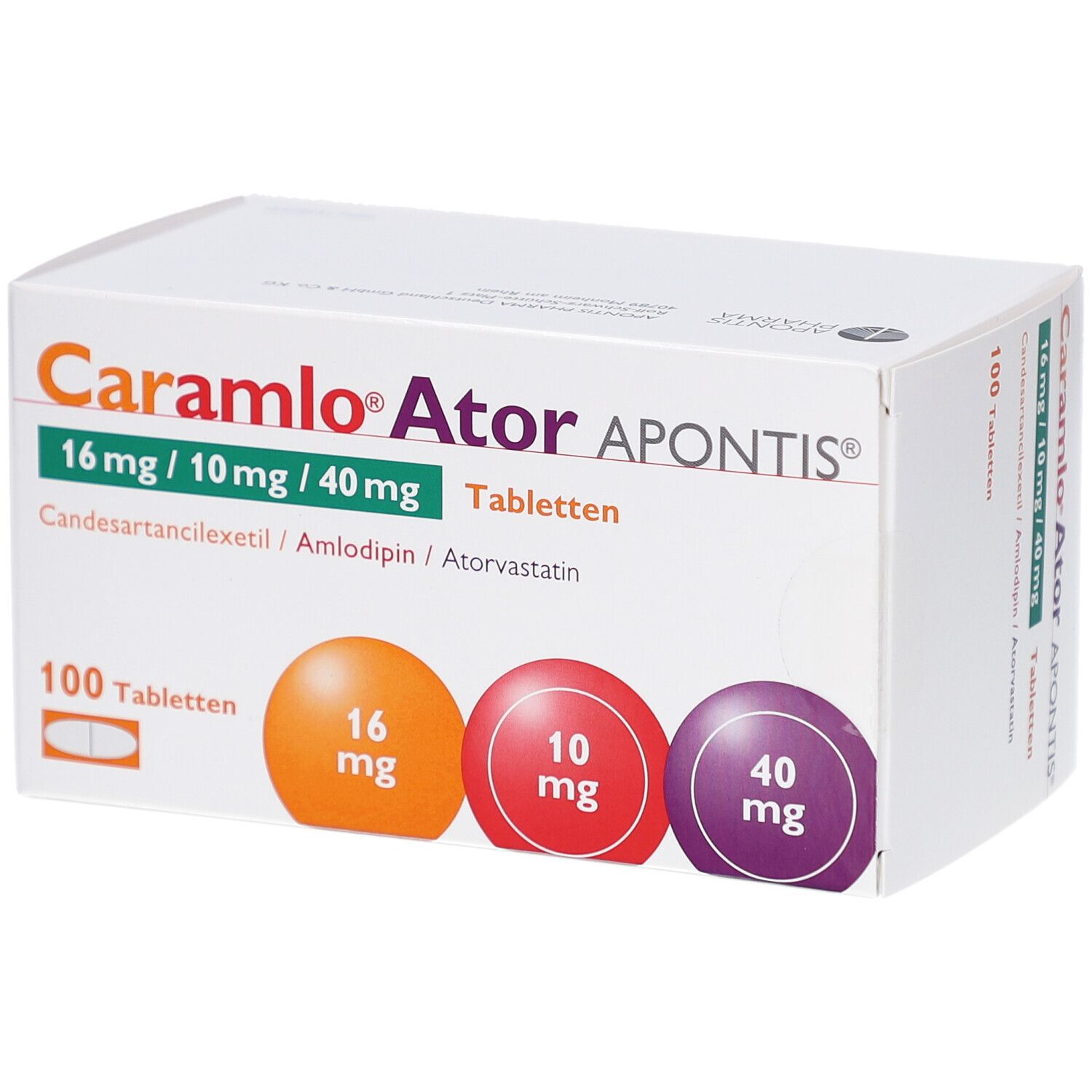 Weiße Schachtel mit CARAMLO Ator APONTIS Tabletten. Aufdruck: 16 mg/10 mg/40 mg, 100 Tabletten. Farbige Kreise mit Dosierungen.