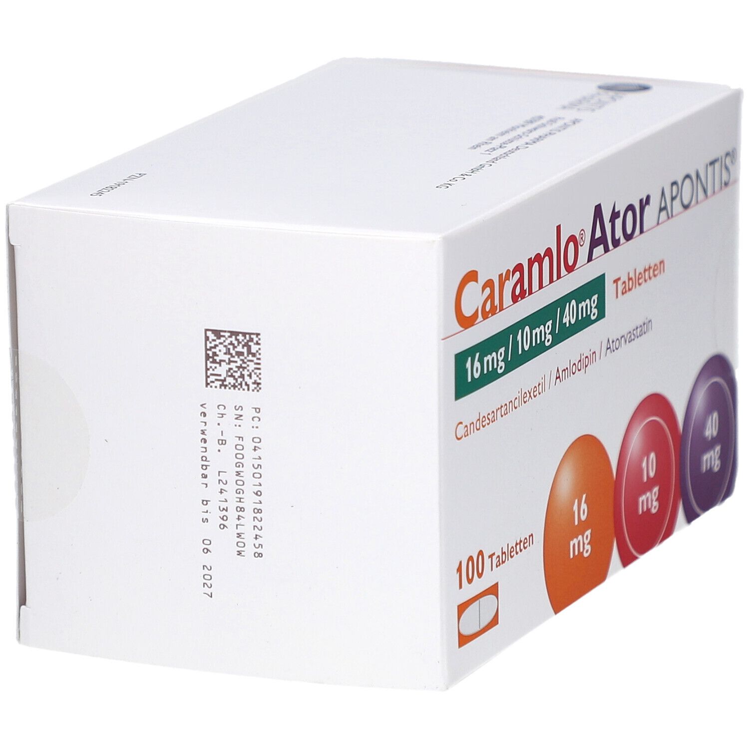 Weiße Schachtel CARAMLO Ator APONTIS Tabletten. Aufdruck: 16 mg/10 mg/40 mg, 100 Tabletten. Farbige Kreise mit Dosierungen. Barcode und Text.