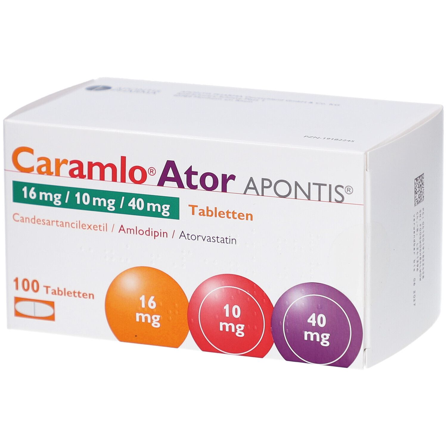 Weiße Schachtel mit CARAMLO Ator APONTIS Tabletten. Aufdruck: 16 mg/10 mg/40 mg, 100 Tabletten. Farbige Kreise mit Dosierungen.