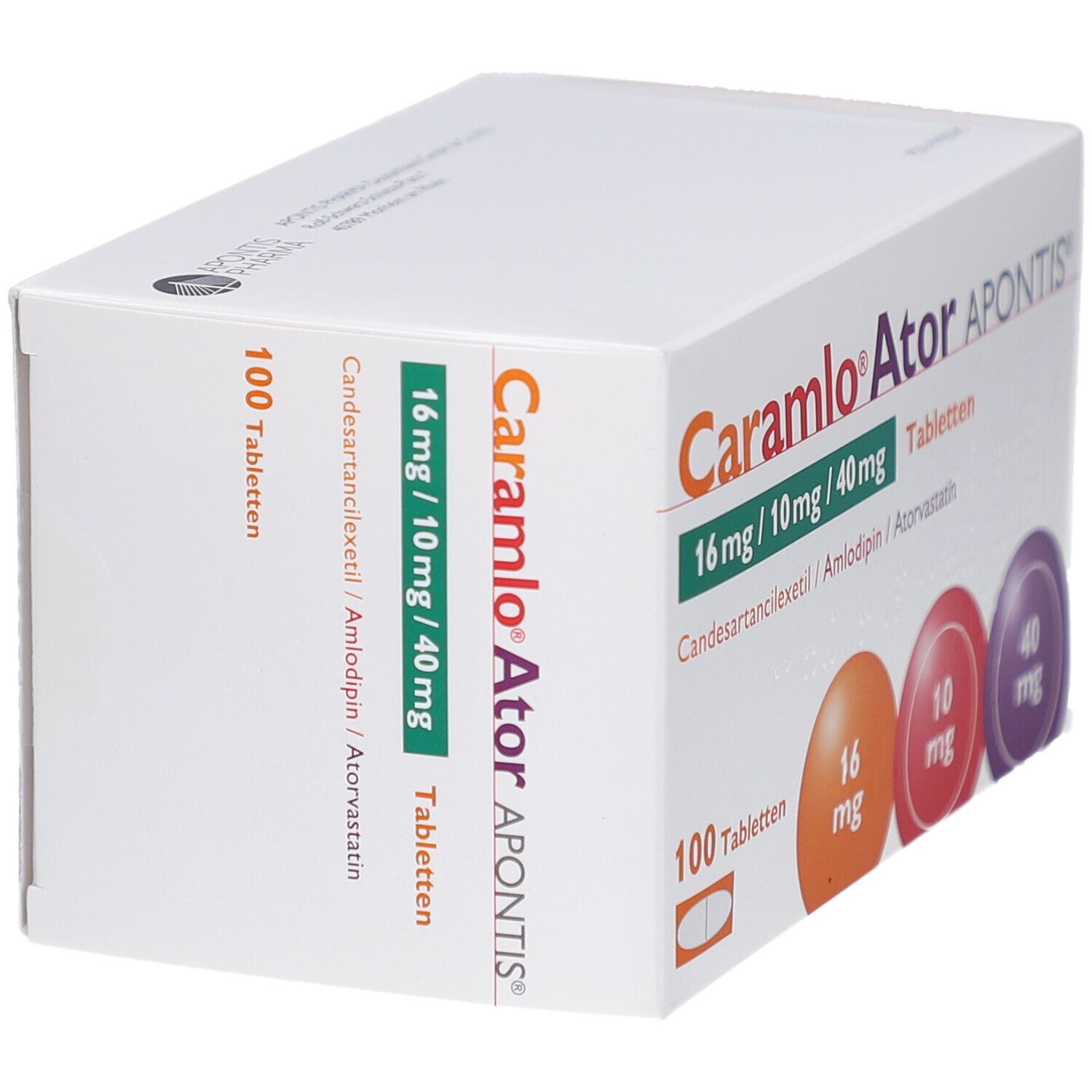 Weiße Schachtel CARAMLO Ator APONTIS Tabletten. Aufdruck: 16 mg/10 mg/40 mg, 100 Tabletten. Farbige Kreise mit Dosierungen.