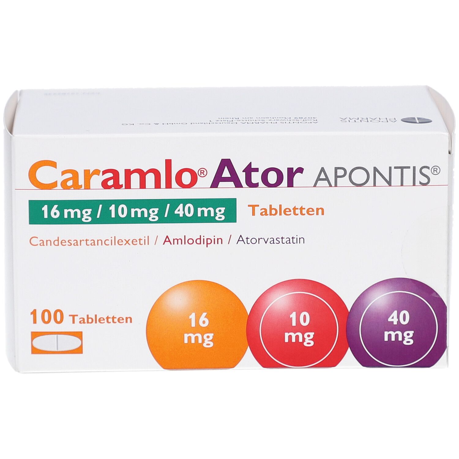 Weiße Schachtel mit CARAMLO Ator APONTIS Tabletten. Aufdruck: 16 mg/10 mg/40 mg, 100 Tabletten. Farbige Kreise mit Dosierungen.