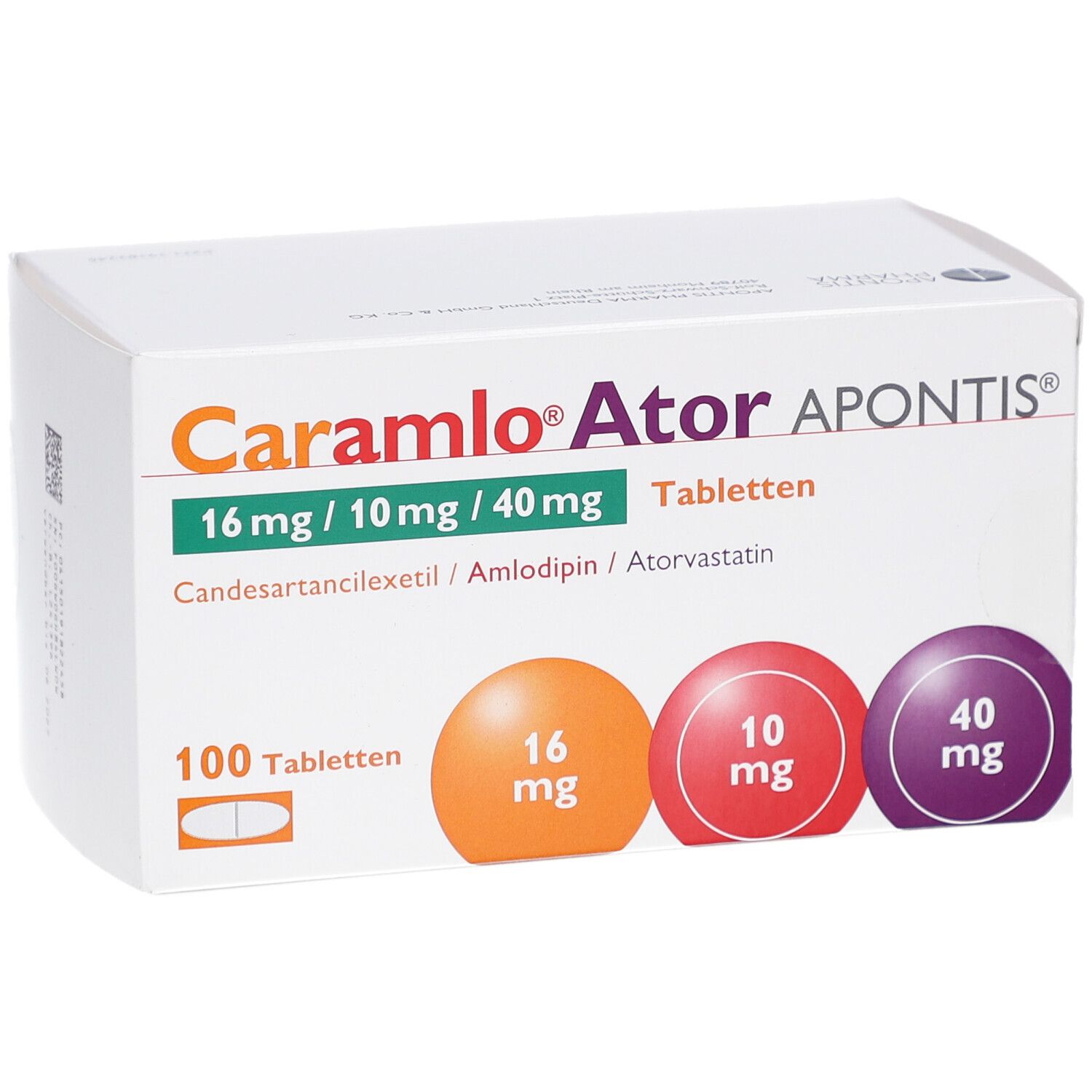 Weiße Schachtel mit CARAMLO Ator APONTIS Tabletten. Aufdruck: 16 mg/10 mg/40 mg, 100 Tabletten. Farbige Kreise mit Dosierungen.
