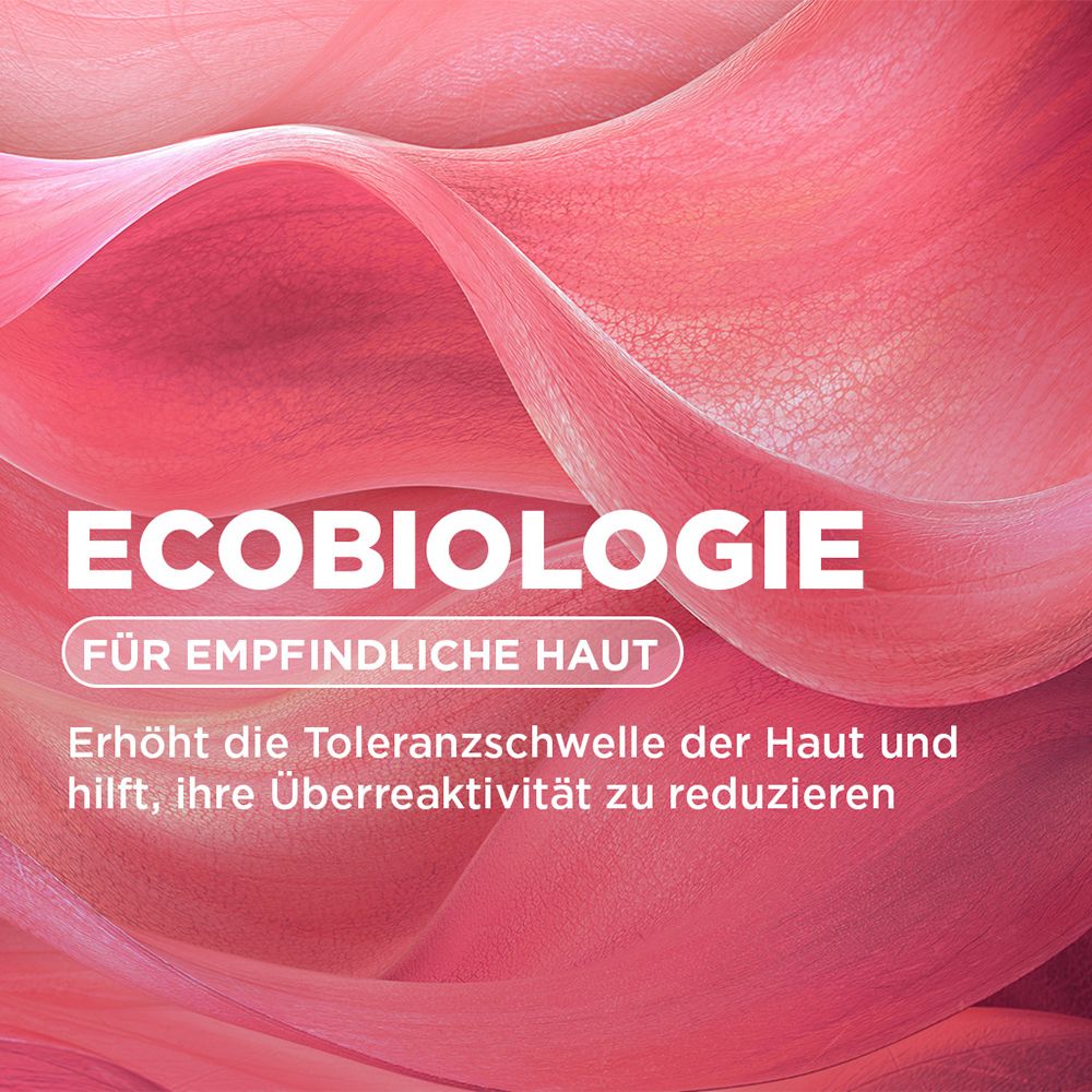 Abstrakte Darstellung von Hautzellen, Text: ECOBIOLOGIE FÜR GESCHÄDIGTE HAUT.