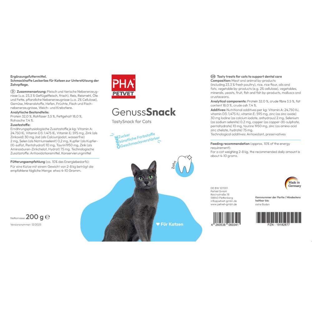Dose mit Produktinformationen. PHA Petvet GenussSnack für Katzen. Abbildung einer Katze und Zahnsymbol.