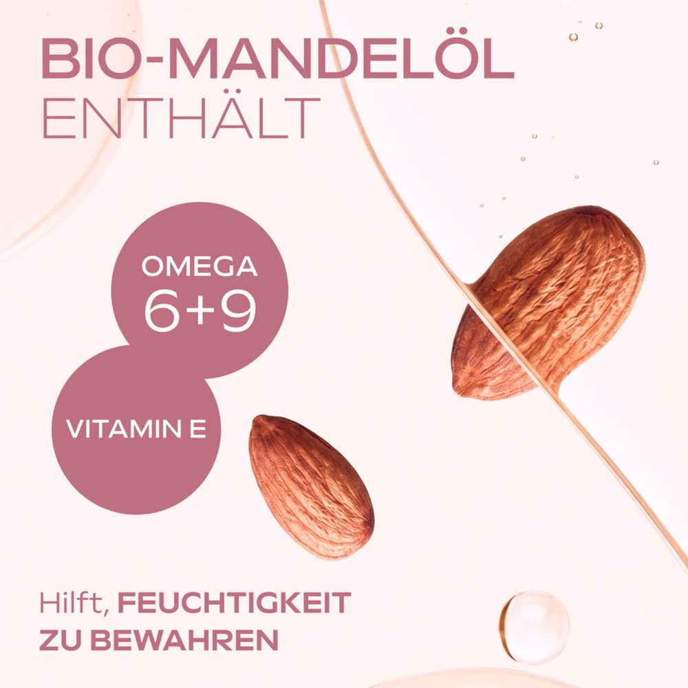 Zwei Mandeln und Text über Bio-Mandelöl, Omega 6+9 und Vitamin E.