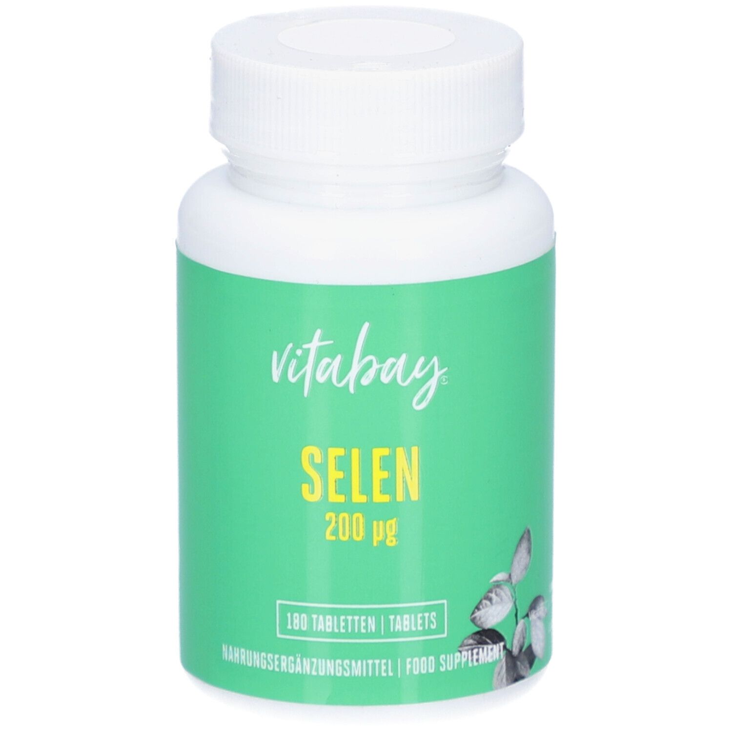 Weiße Flasche mit grünem Etikett. Aufschrift: vitabay, SELEN 200 µg, 180 Tabletten. Nahrungsergänzungsmittel.