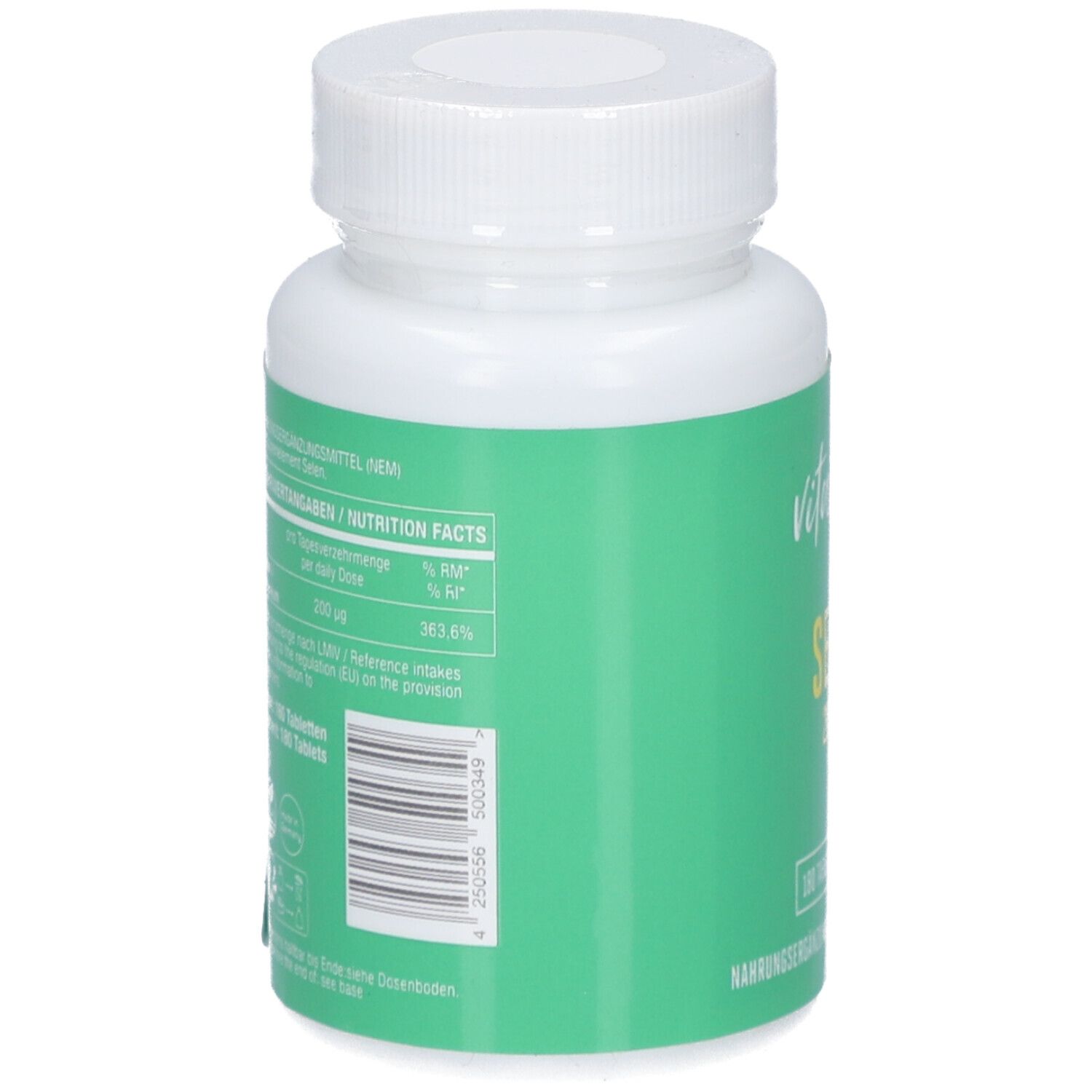 Rückseite der weißen Flasche mit grünem Etikett. Enthält Nährwertangaben und Barcode. Aufschrift: vitabay, SELEN.