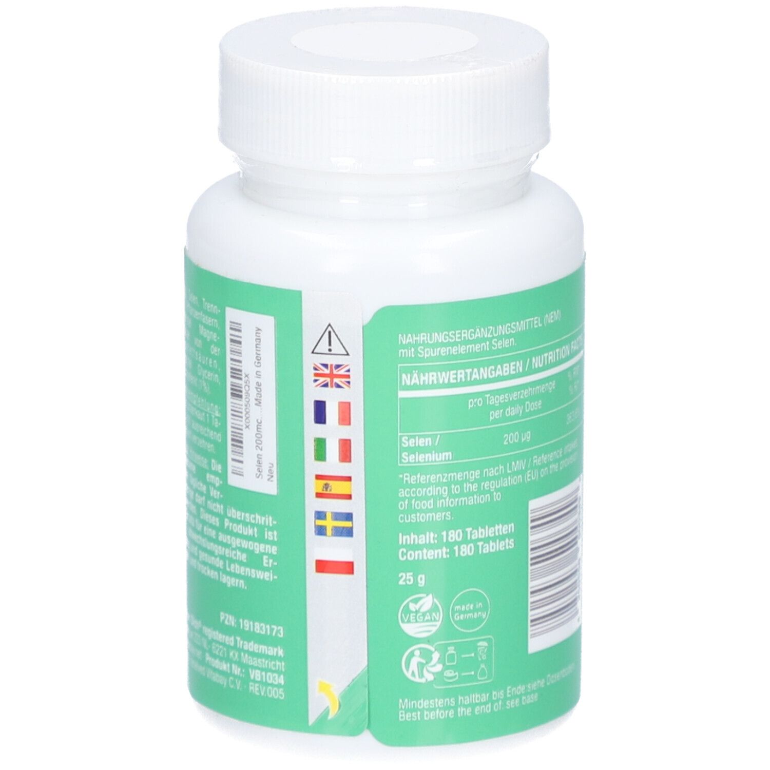 Rückseite der weißen Flasche mit grünem Etikett. Enthält Nährwertangaben, Barcode und Flaggen. Aufschrift: 180 Tabletten.