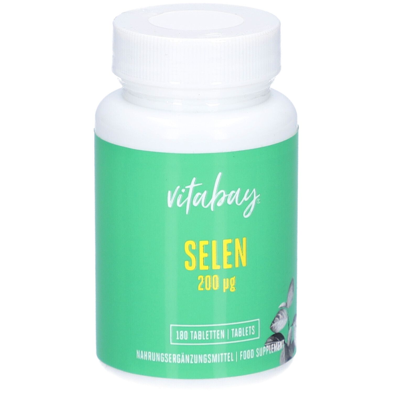 Weiße Flasche mit grünem Etikett. Aufschrift: vitabay, SELEN 200 µg, 180 Tabletten. Nahrungsergänzungsmittel.