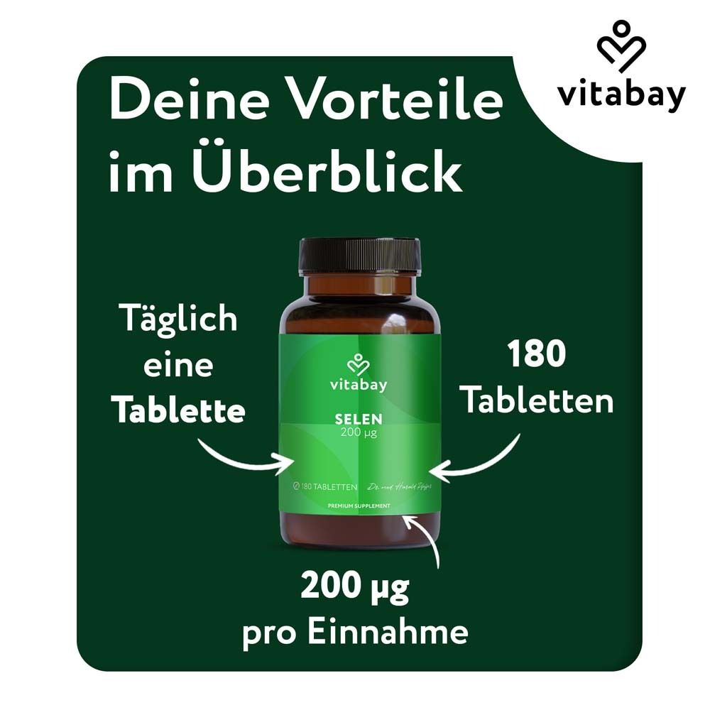Vitabay Selen 200 µg. Flasche mit 180 Tabletten. Tägliche Einnahme: 1 Tablette. 200 µg pro Einnahme.