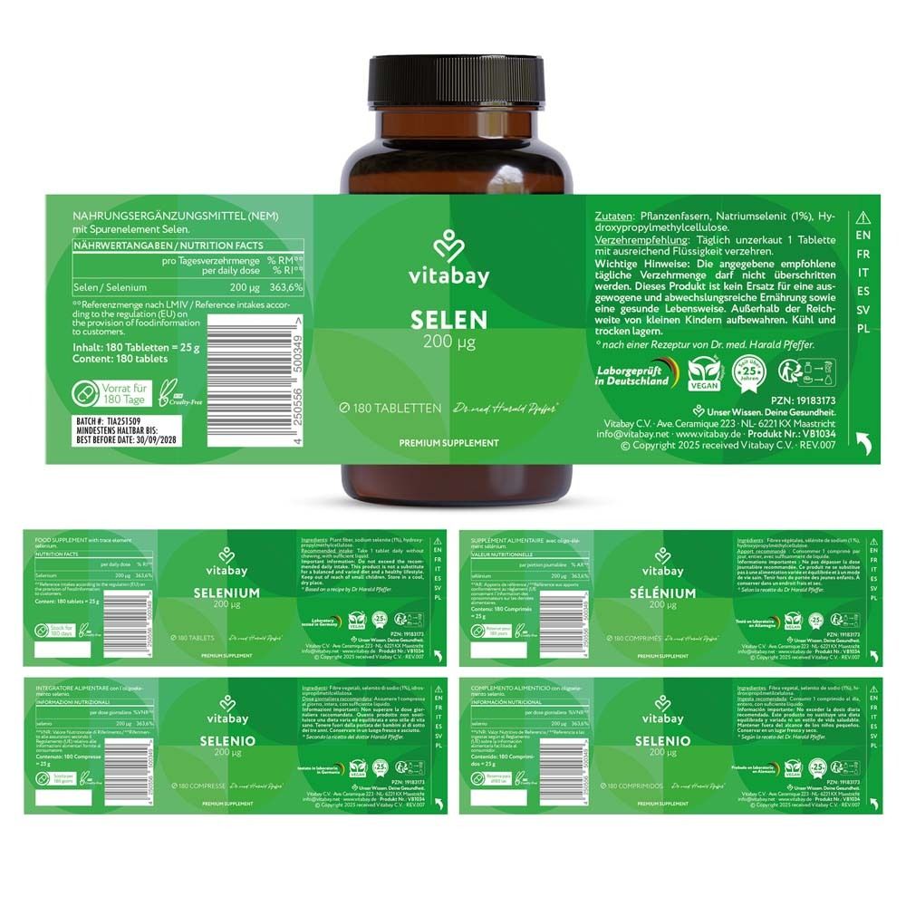 Vitabay Selen 200 µg. Flasche mit 180 Tabletten. Produktinformationen und Nährwertangaben auf Etikett.