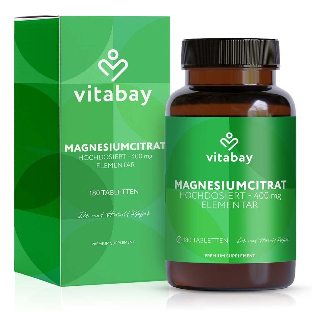Grüne Produktverpackung und Flasche. Aufschrift: Magnesiumcitrat, 400 mg Elementar, 180 Tabletten. Marke: Vitabay.