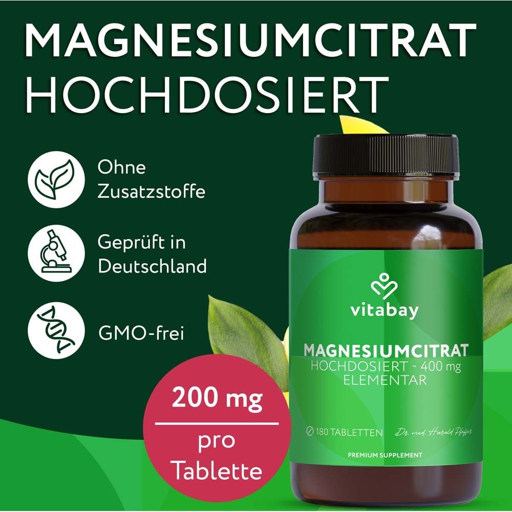 Flasche mit Magnesiumcitrat. Text: Ohne Zusatzstoffe, geprüft in Deutschland, GMO-frei. 200 mg pro Tablette.