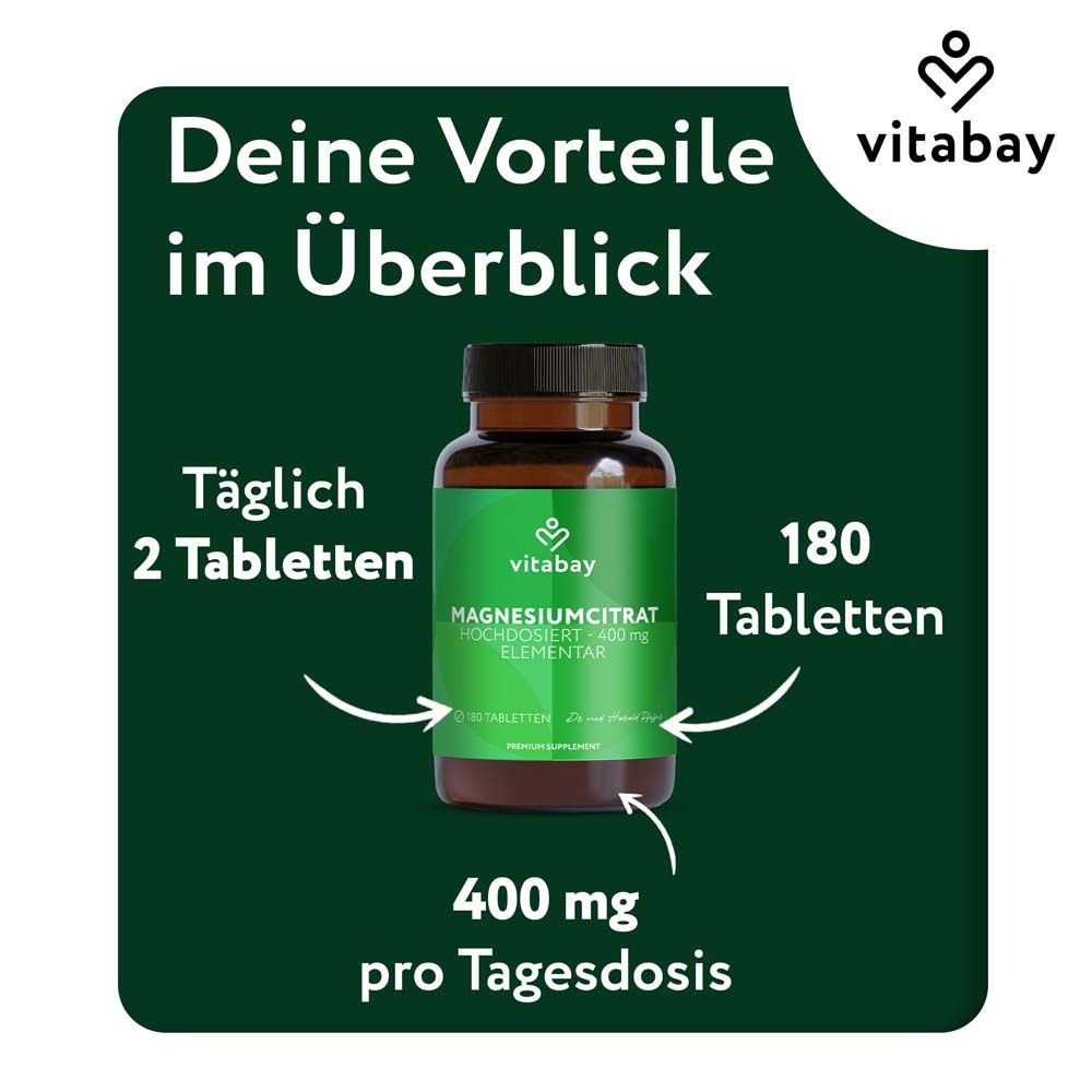 Flasche Magnesiumcitrat. Text: 2 Tabletten täglich, 180 Tabletten, 400 mg pro Tagesdosis.