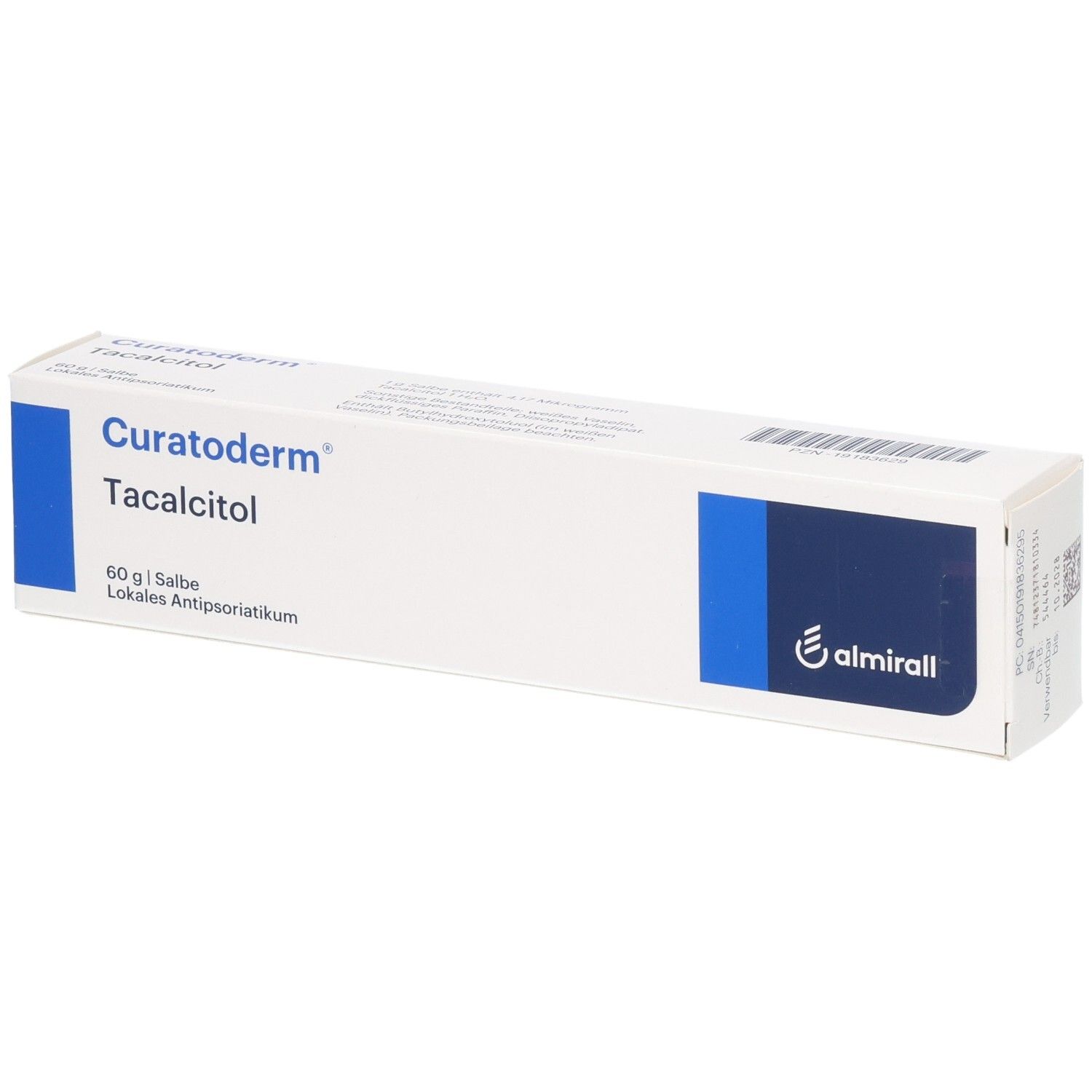 Weißer Karton mit blauer Markierung. Aufschrift: Curatoderm Tacalcitol, 60g Salbe, Lokales Antipsoriatikum. Logo: almirall.