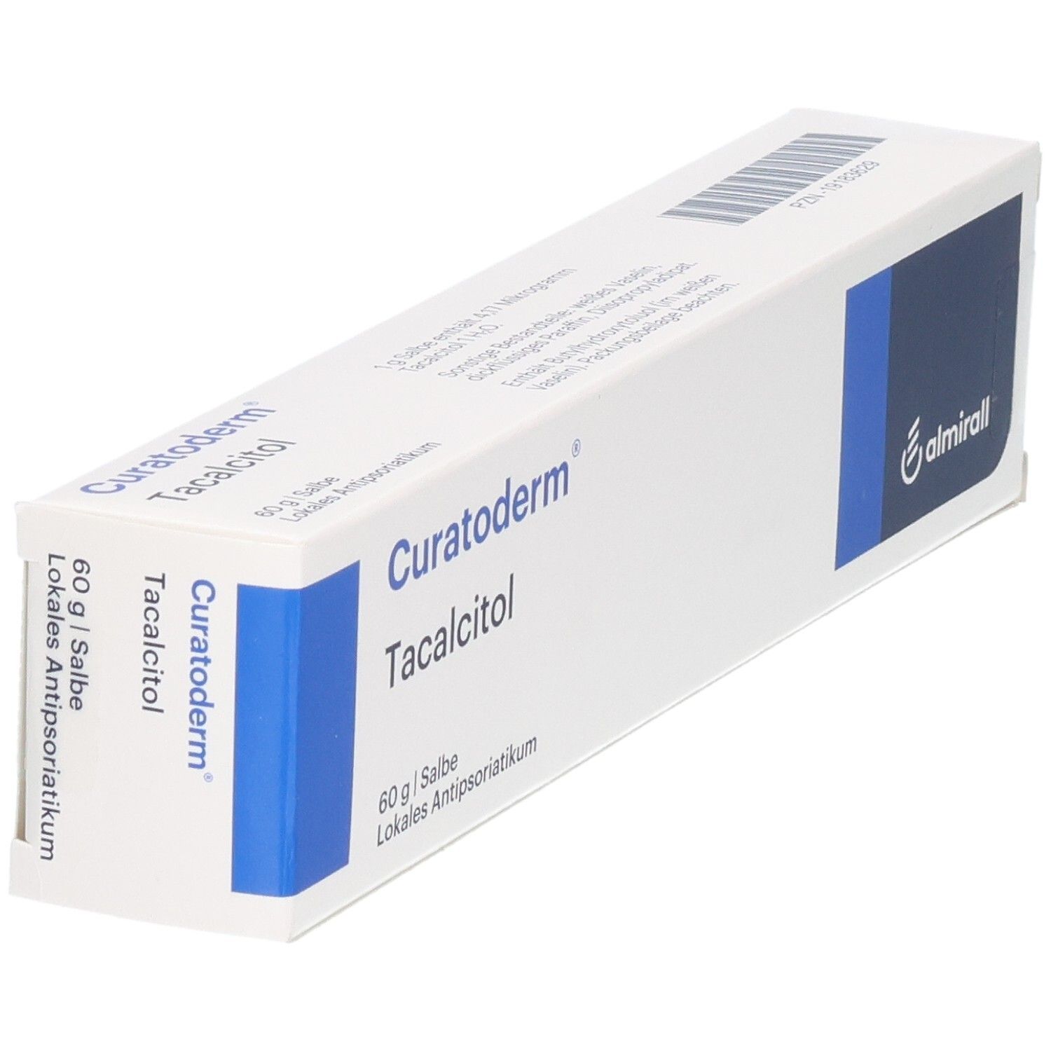 Schräg gestellte weiße Schachtel mit blauer Markierung. Aufschrift: Curatoderm Tacalcitol, 60g Salbe, Lokales Antipsoriatikum. Logo: almirall.