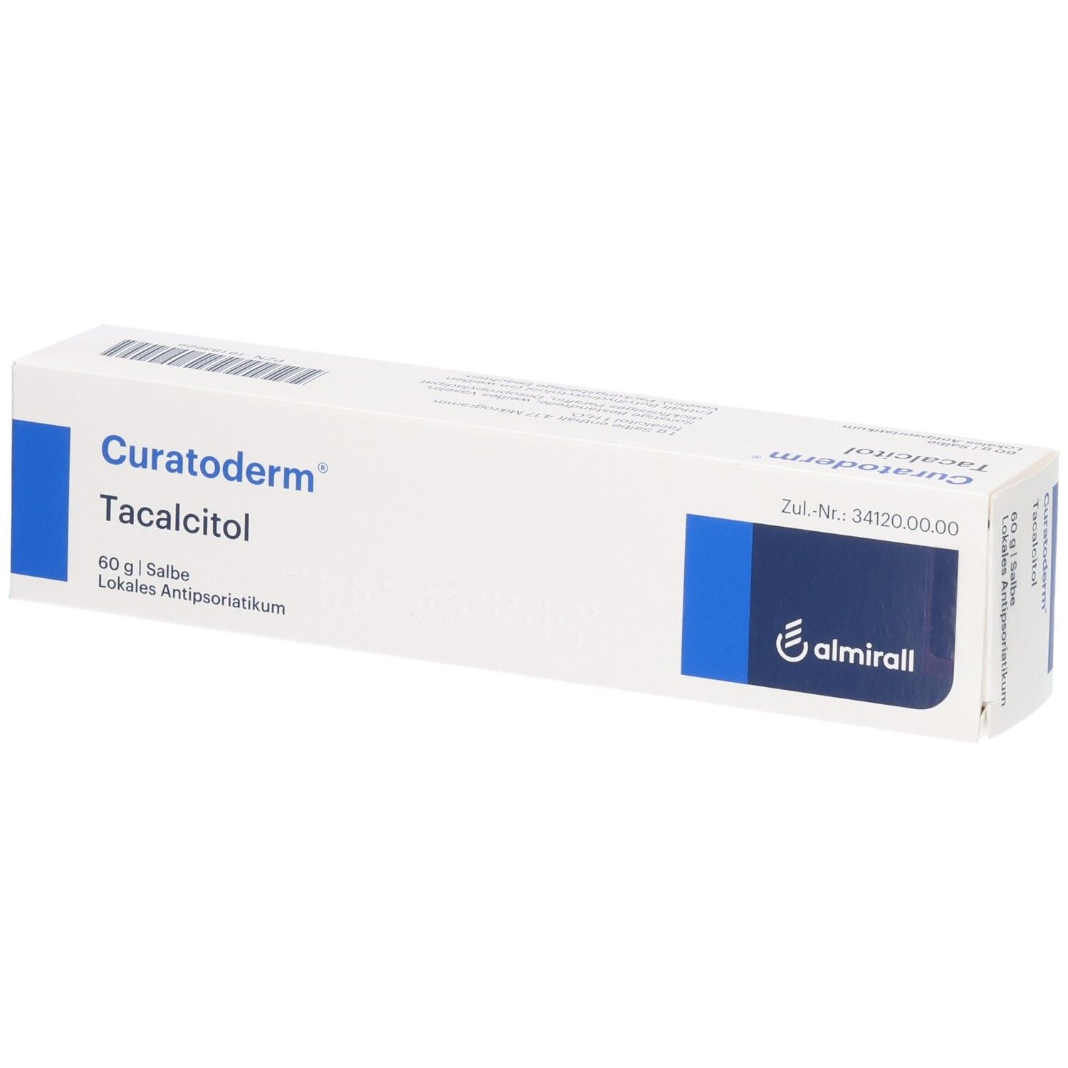 Weiße Schachtel mit blauer Markierung. Aufschrift: Curatoderm Tacalcitol, 60g Salbe, Lokales Antipsoriatikum. Logo: almirall.