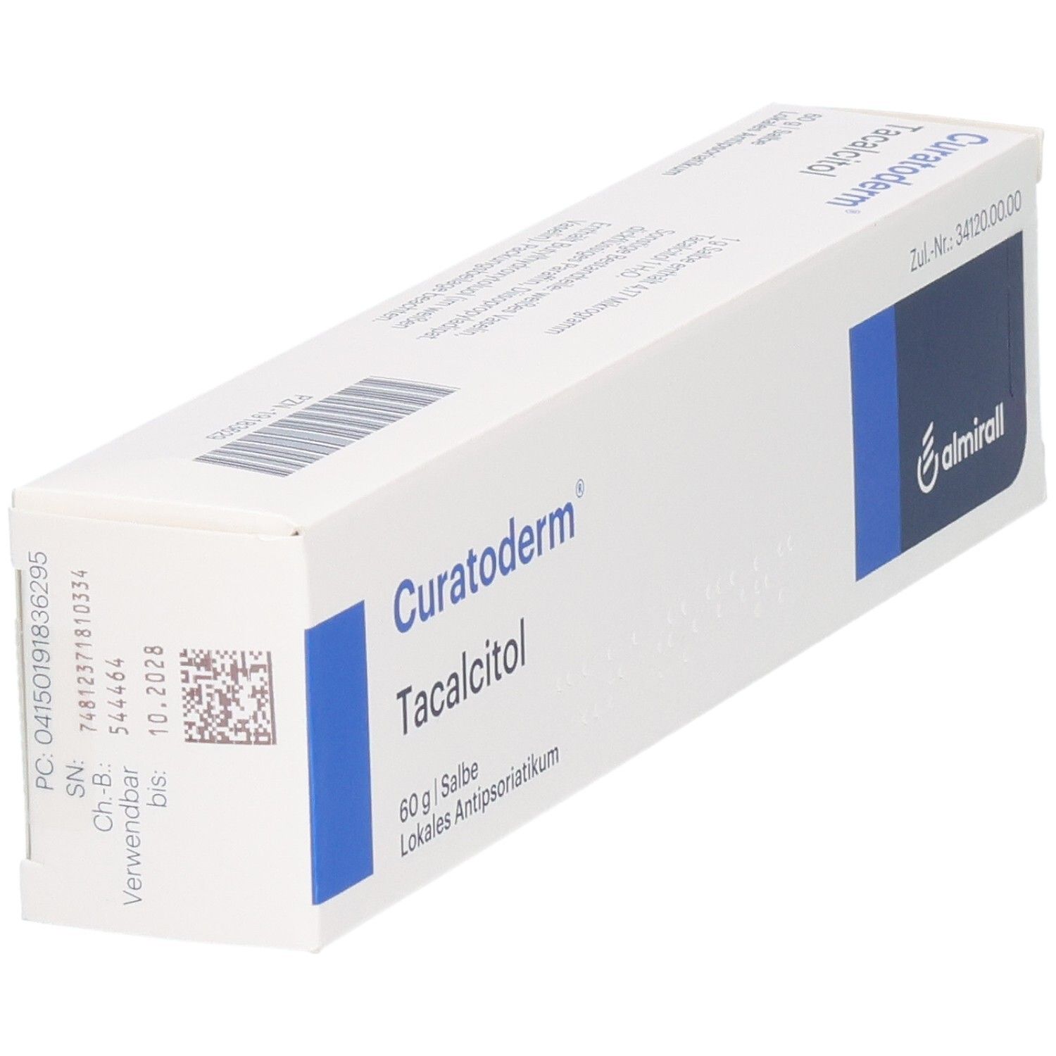 Weiße Schachtel mit blauer Markierung. Aufschrift: Curatoderm Tacalcitol, 60g Salbe, Lokales Antipsoriatikum. Logo: almirall. Details.