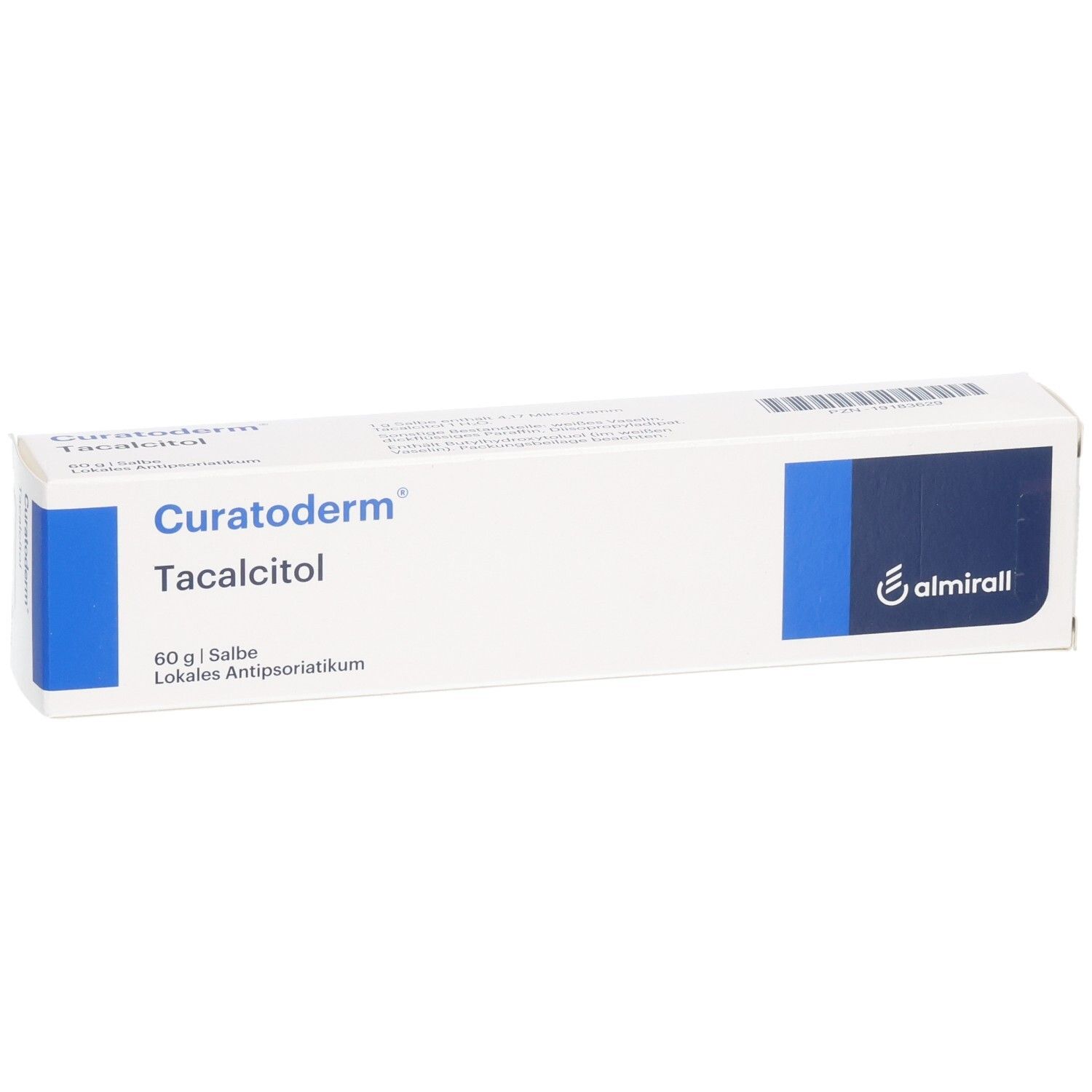 Weiße Schachtel mit blauer Markierung. Aufschrift: Curatoderm Tacalcitol, 60g Salbe, Lokales Antipsoriatikum. Logo: almirall.