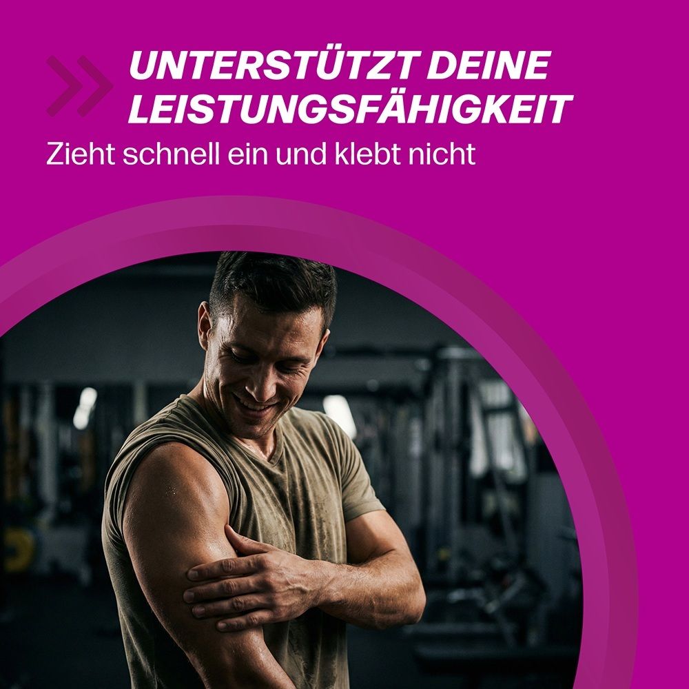 Mann reibt sich den Arm in einem Fitnessstudio, Text "Unterstützt deine Leistungsfähigkeit".