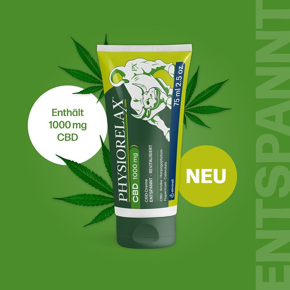 Physiorelax CBD Creme Tube mit 1000 mg CBD, umgeben von Hanfblättern. "NEU" und "ENTSPANNT" sind hervorgehoben.