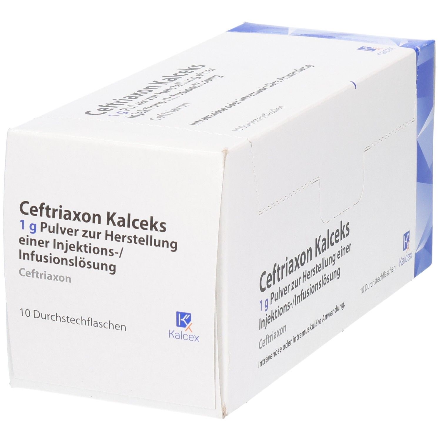 Kartonverpackung, schräg gestellt. Aufschrift: Ceftriaxon Kalceks, 1 g Pulver zur Herstellung einer Injektions-/Infusionslösung. Logo Kalceks.