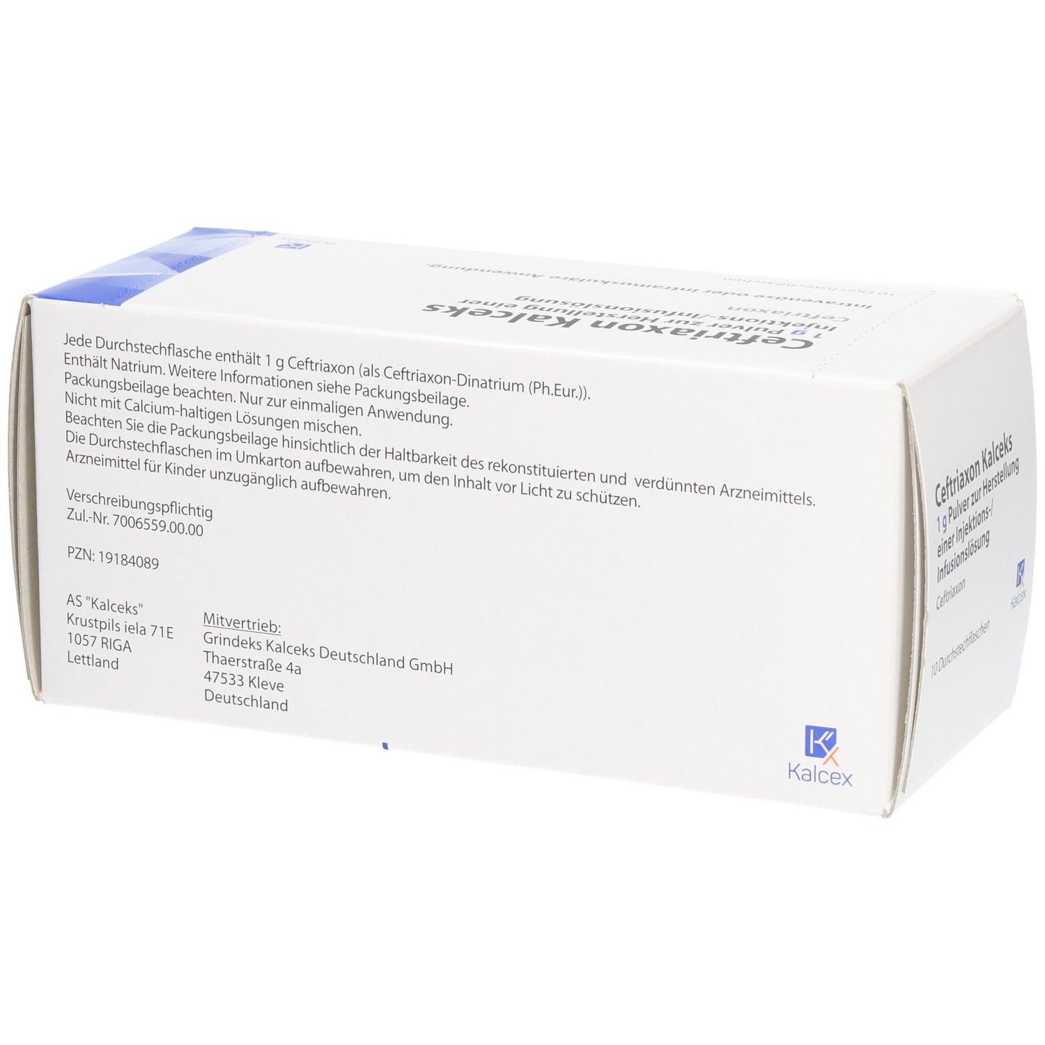 Rückseite der Kartonverpackung. Textinformationen und Logo Kalceks. Enthält Informationen zur Anwendung und Lagerung.