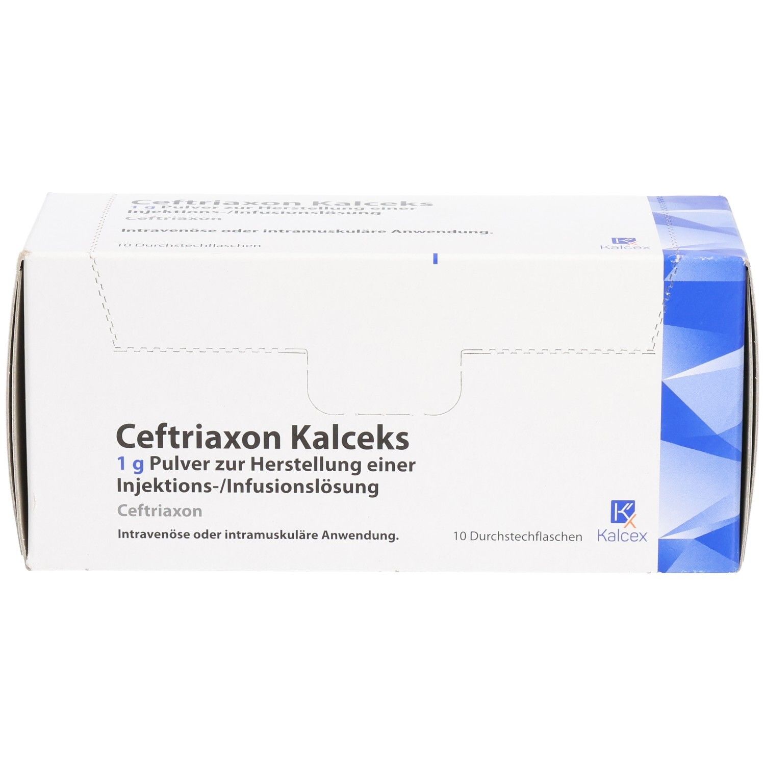 Kartonverpackung. Aufschrift: Ceftriaxon Kalceks, 1 g Pulver zur Herstellung einer Injektions-/Infusionslösung. Logo Kalceks.