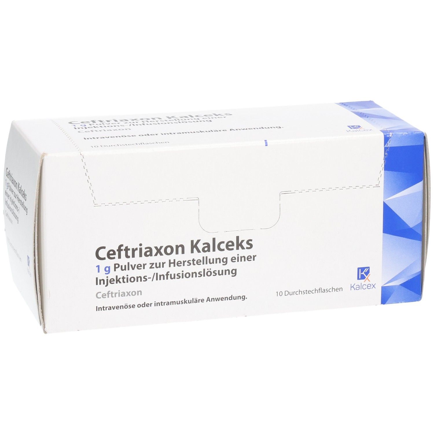 Kartonverpackung. Aufschrift: Ceftriaxon Kalceks, 1 g Pulver zur Herstellung einer Injektions-/Infusionslösung. Logo Kalceks.