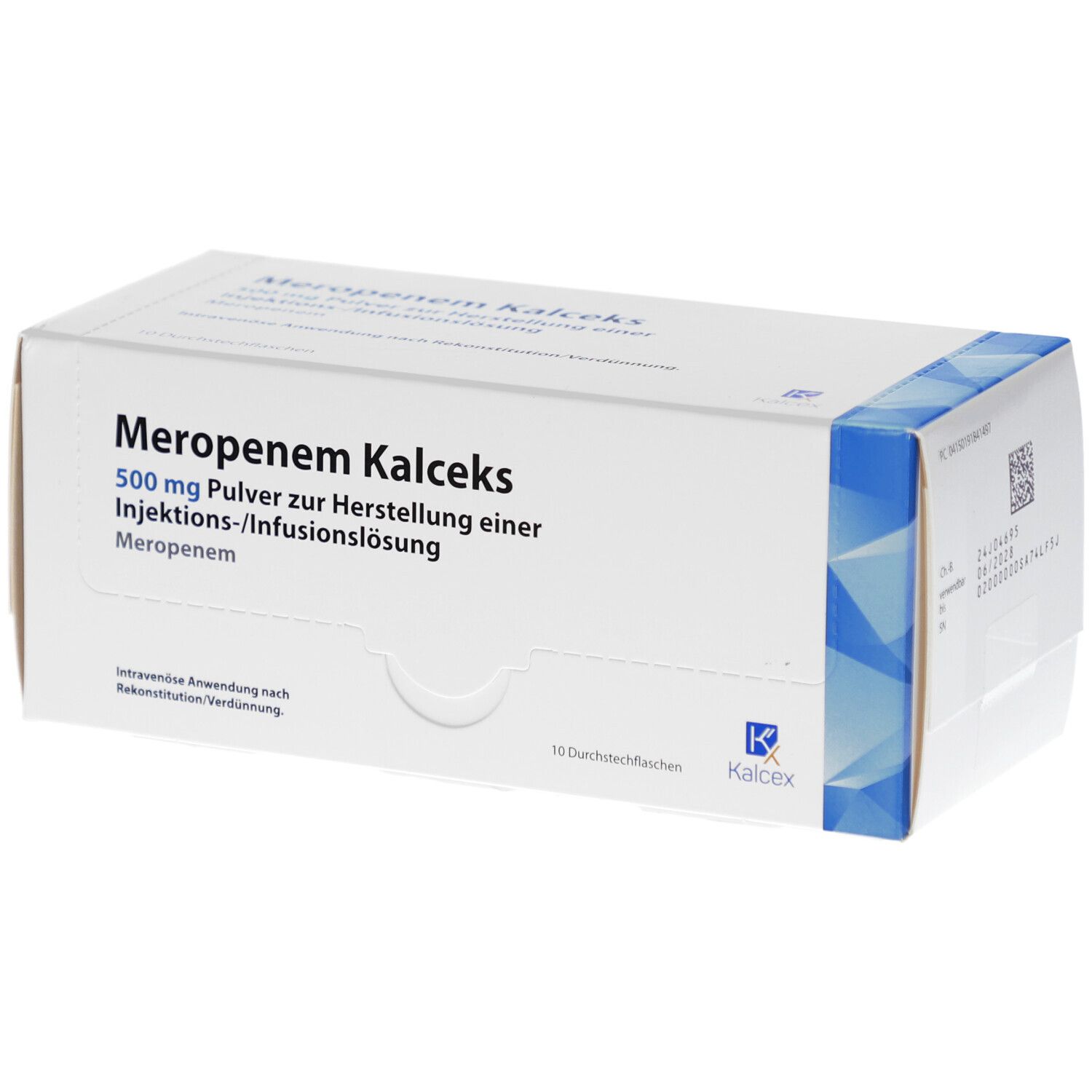 Weiße Schachtel mit blauer Ecke. Aufschrift: Meropenem Kalceks 500 mg. Pulver zur Herstellung einer Injektions-/Infusionslösung. 10 Durchstechflaschen.