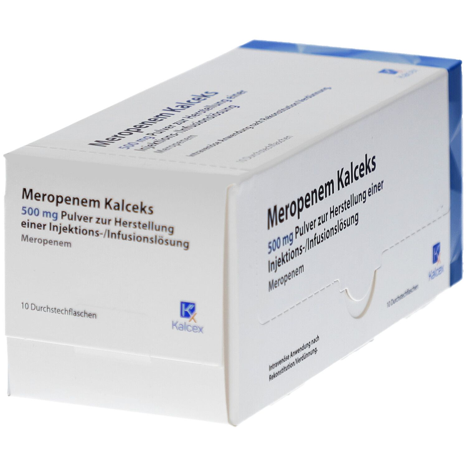 Schachtel mit blauer Ecke. Aufschrift: Meropenem Kalceks 500 mg. Pulver zur Herstellung einer Injektions-/Infusionslösung. 10 Durchstechflaschen.