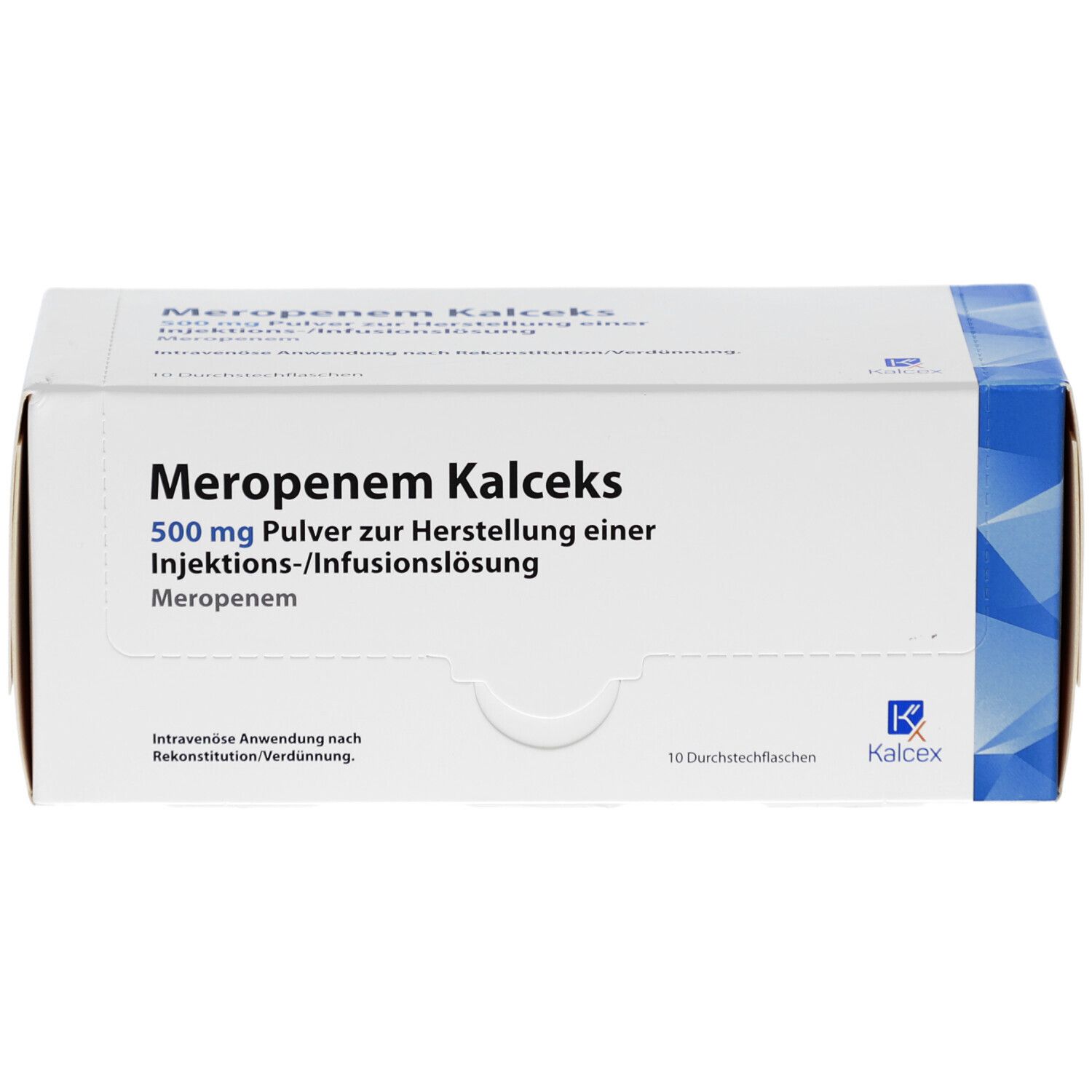Weiße Schachtel mit blauer Ecke. Aufschrift: Meropenem Kalceks 500 mg. Pulver zur Herstellung einer Injektions-/Infusionslösung. 10 Durchstechflaschen.