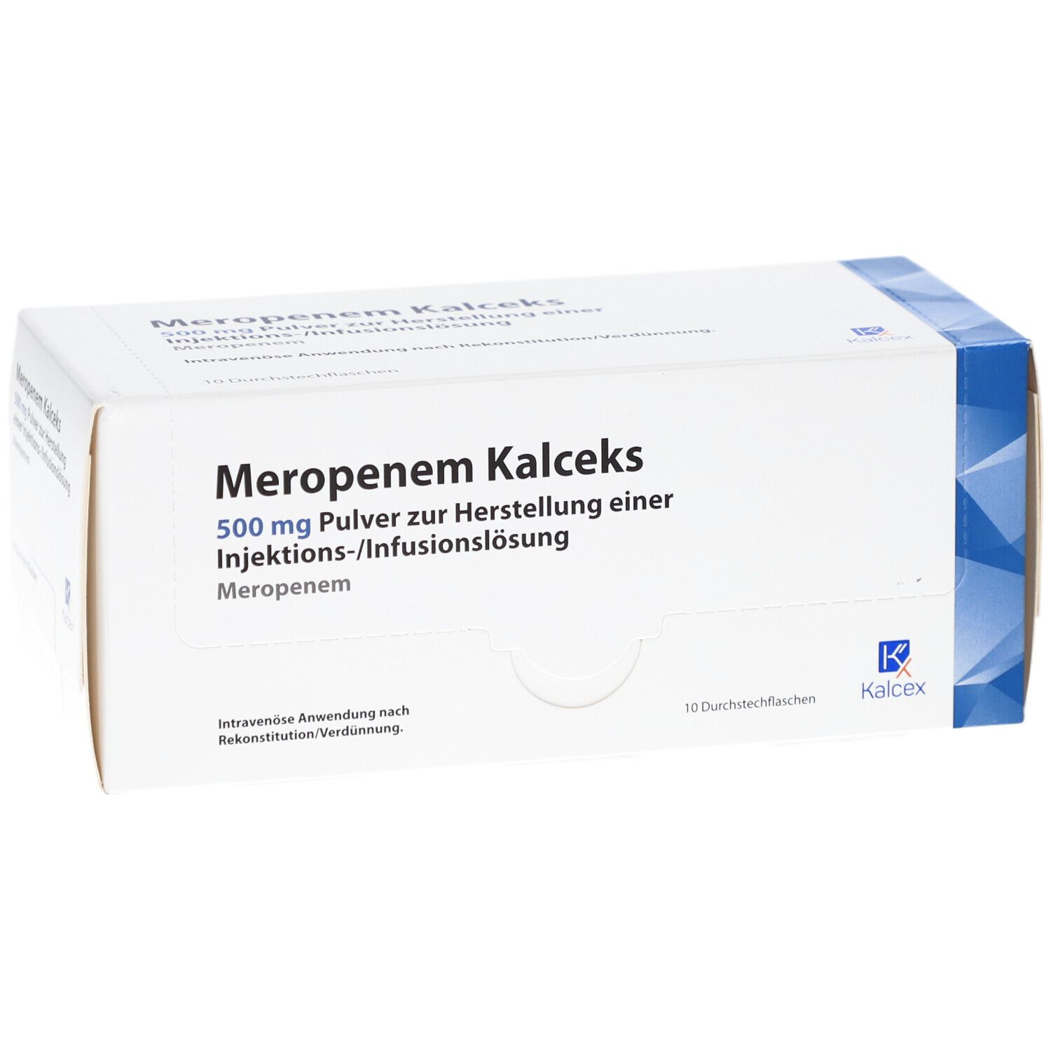 Weiße Schachtel mit blauer Ecke. Aufschrift: Meropenem Kalceks 500 mg. Pulver zur Herstellung einer Injektions-/Infusionslösung. 10 Durchstechflaschen.